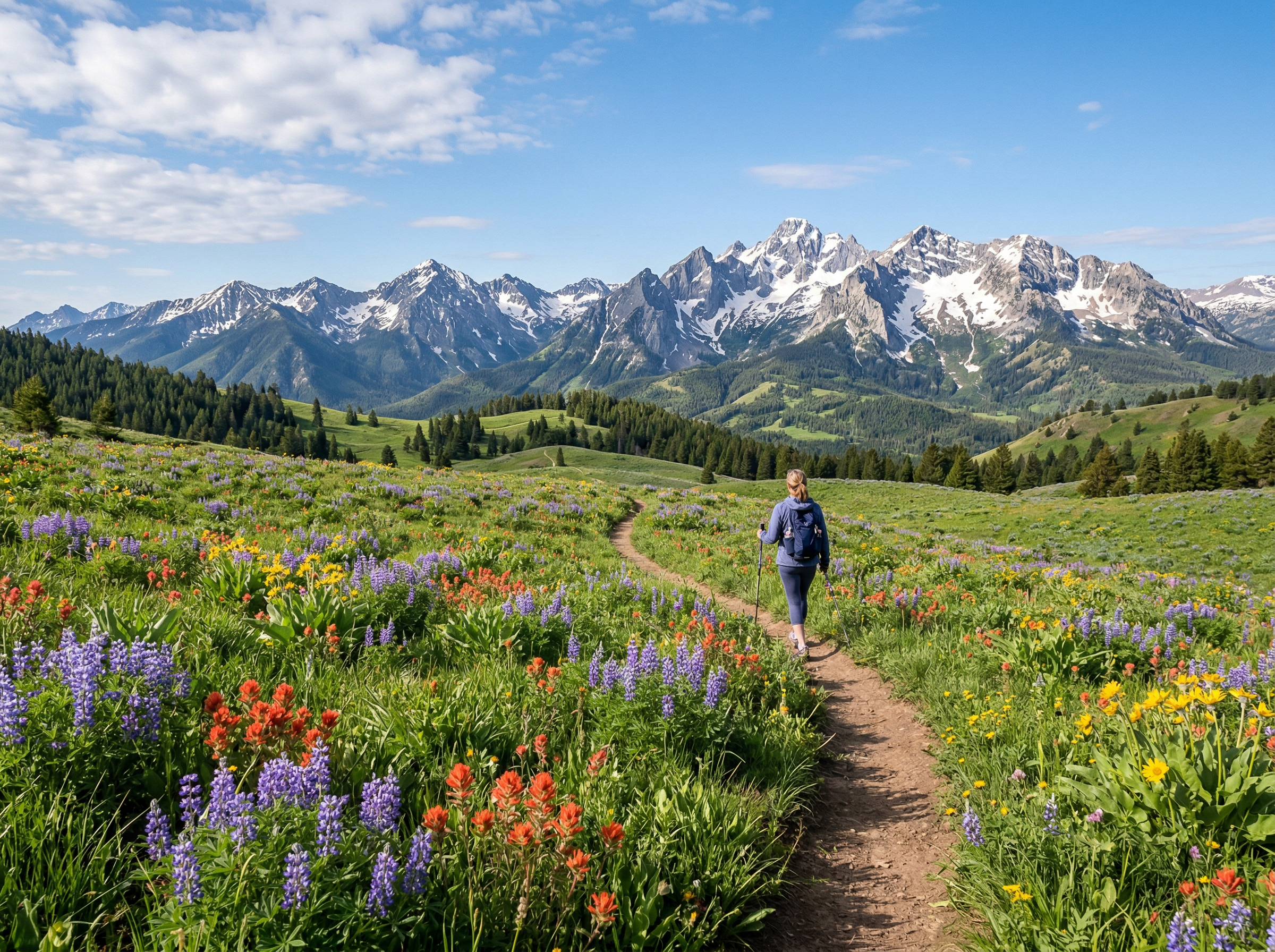 Hiker on mountain trail surrounded by vibrant wildflowers with snow-capped peaks in Montana