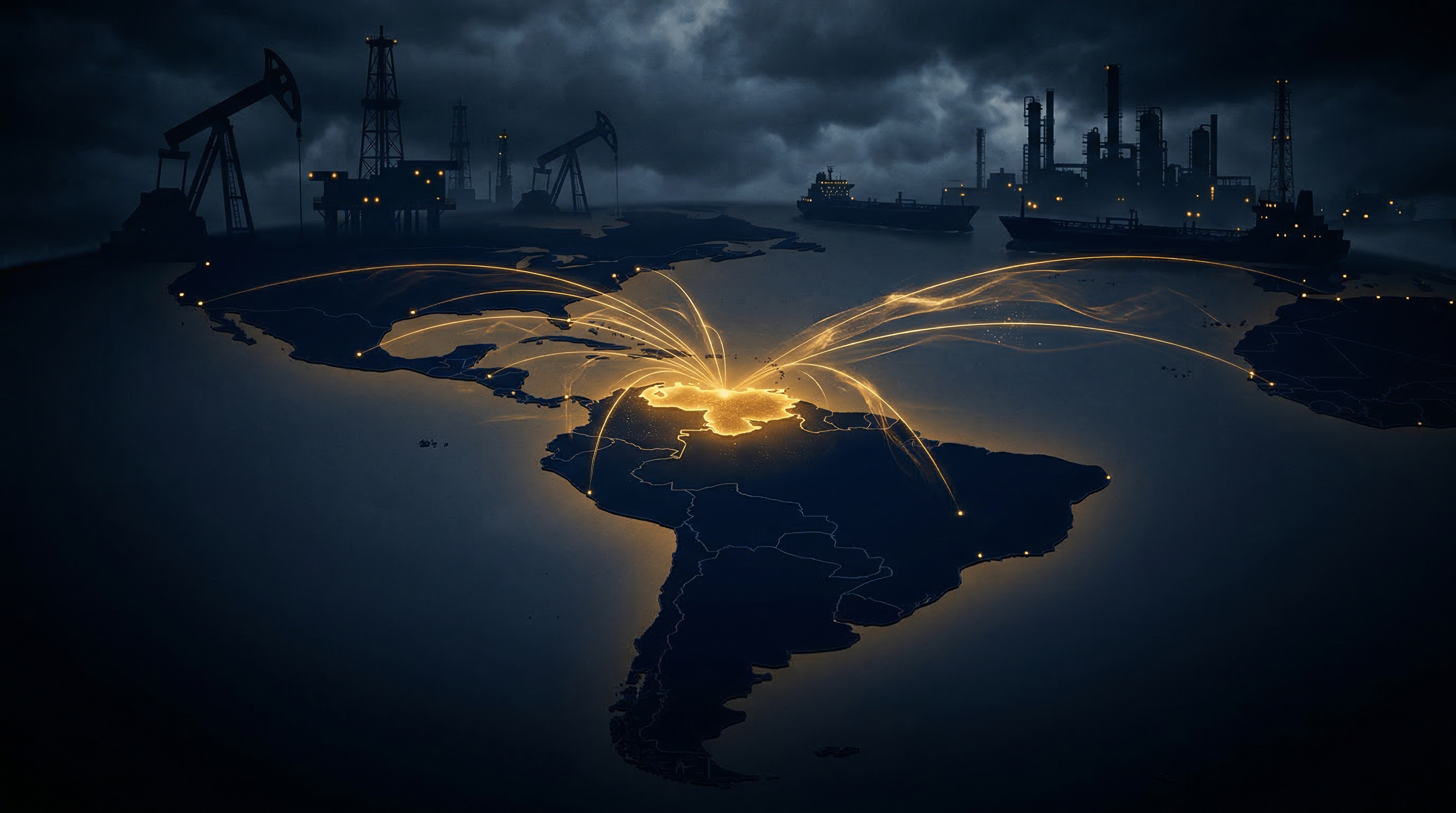 Map of Latin America with Venezuela highlighted, surrounded by oil infrastructure and geopolitical connections