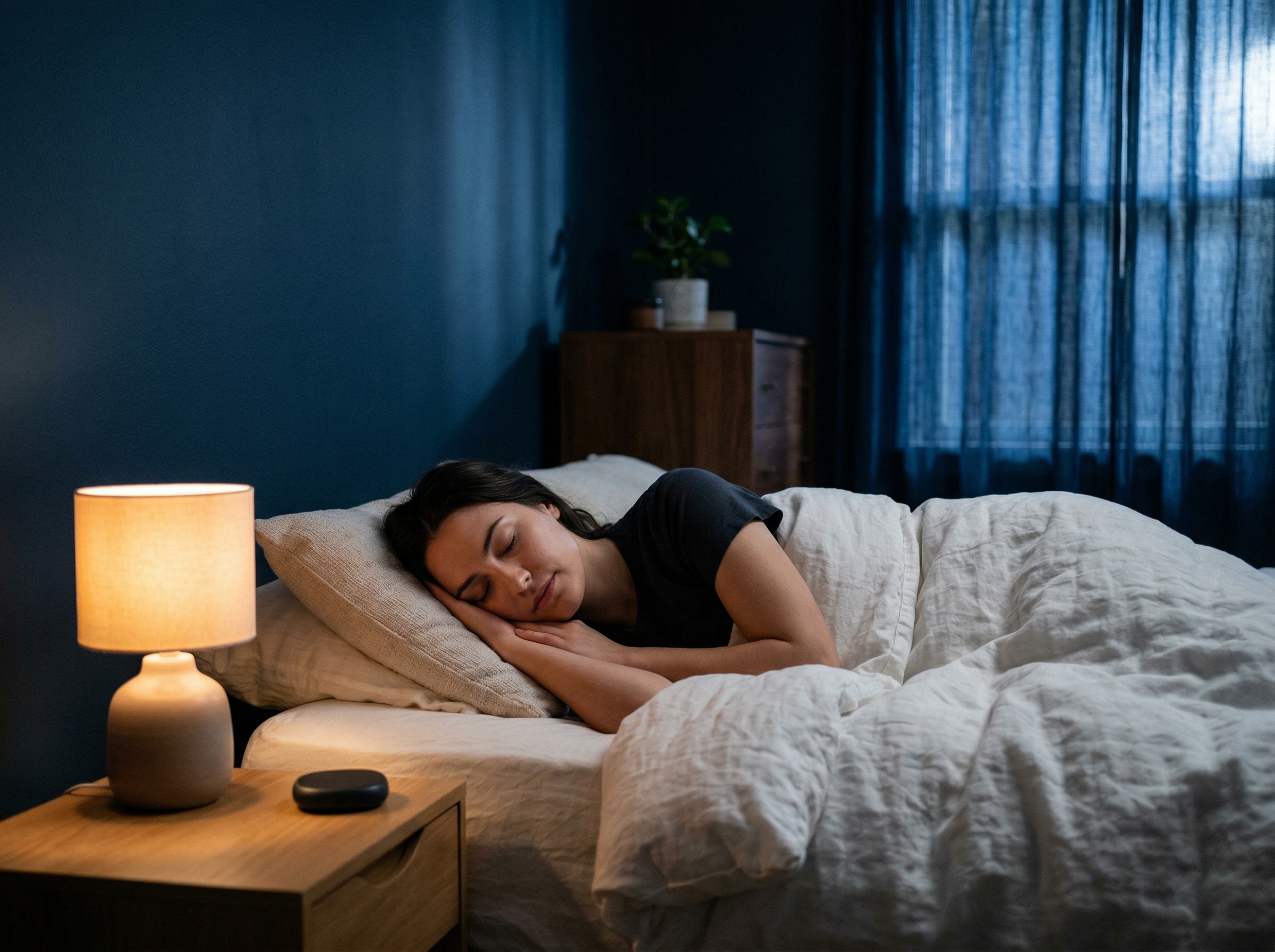 Person sleeping peacefully in a calm bedroom at night
