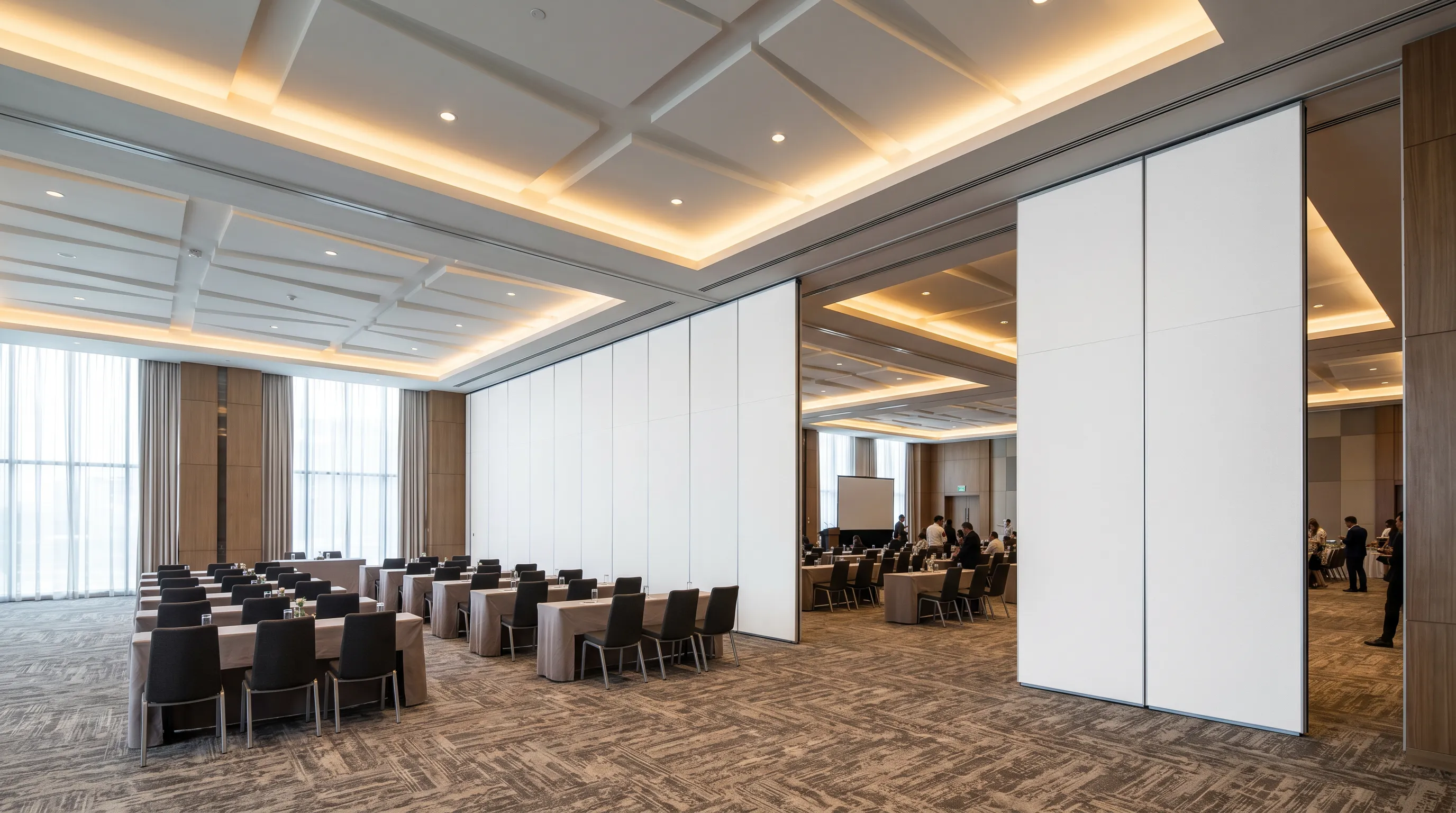 Commercial conference centre with movable acoustic wall system fully deployed