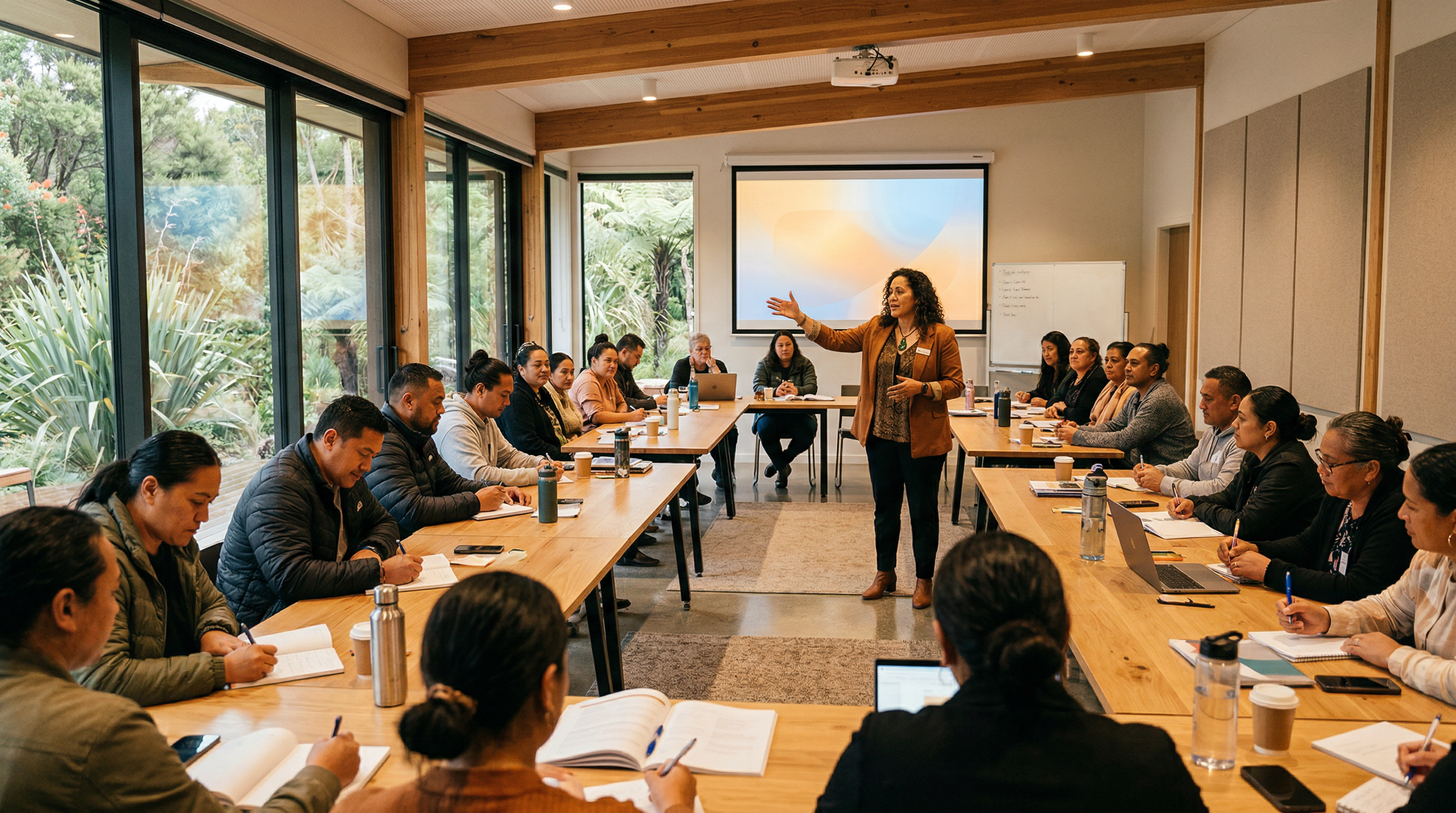 Entrepreneurs and small business owners in a training workshop led by an expert facilitator