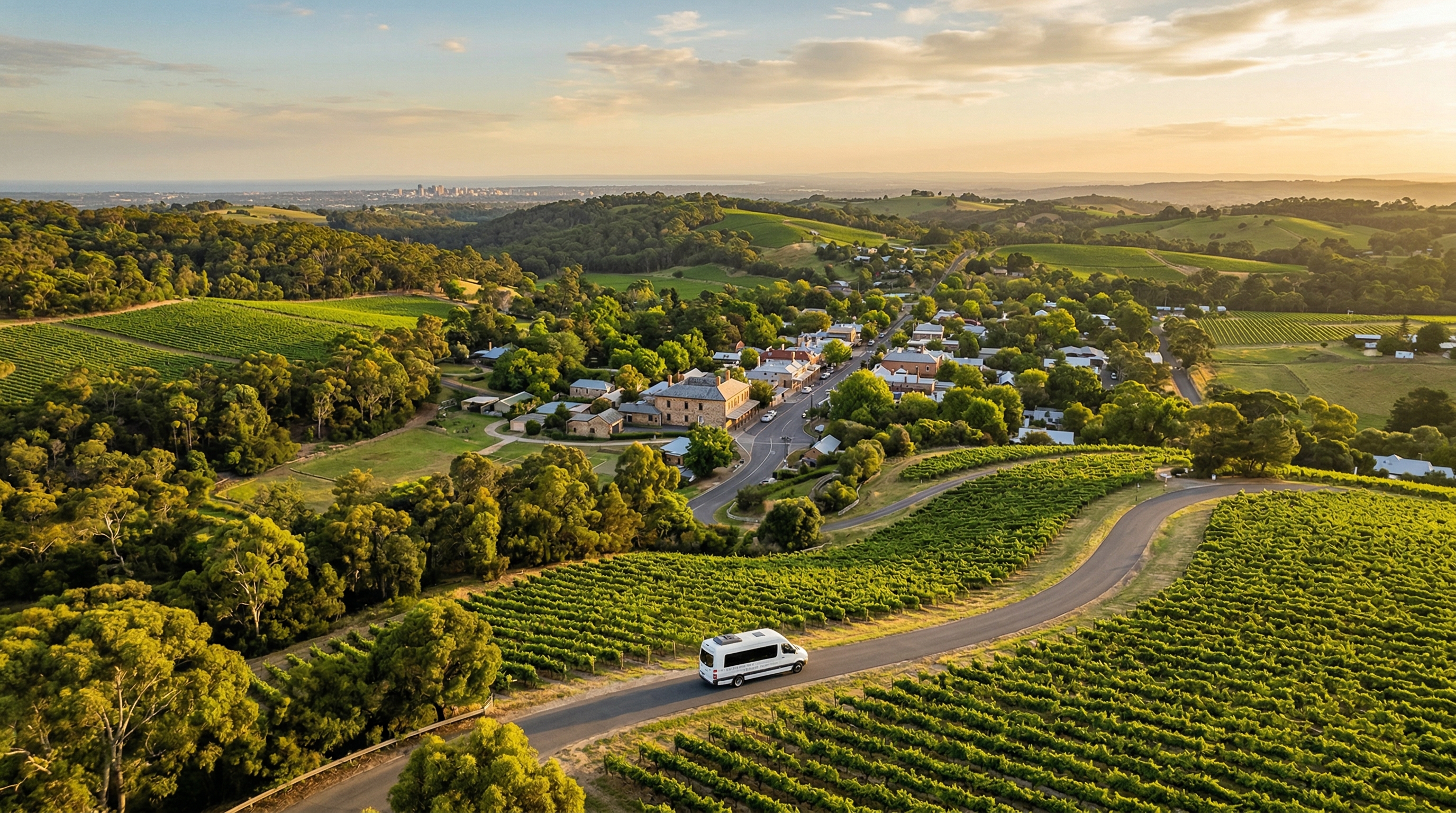 Scenic aerial view of rolling green hills in the Adelaide Hills, South Australia