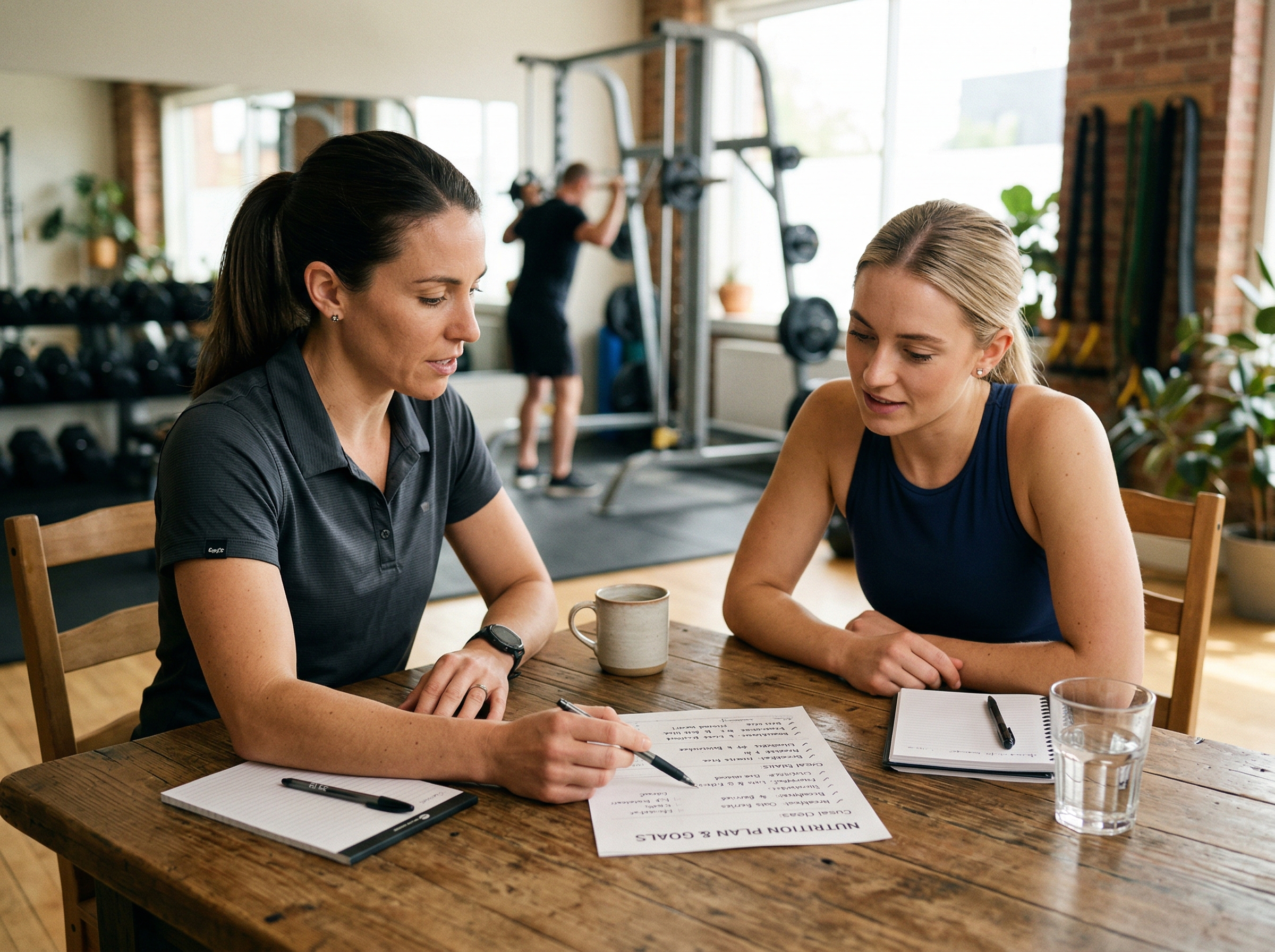 Nutrition counselor reviewing a custom meal plan with a client in a gym setting