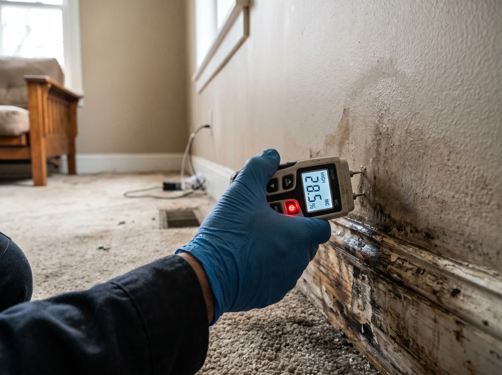 Moisture meter reading on water-damaged wall in Hampton Roads home