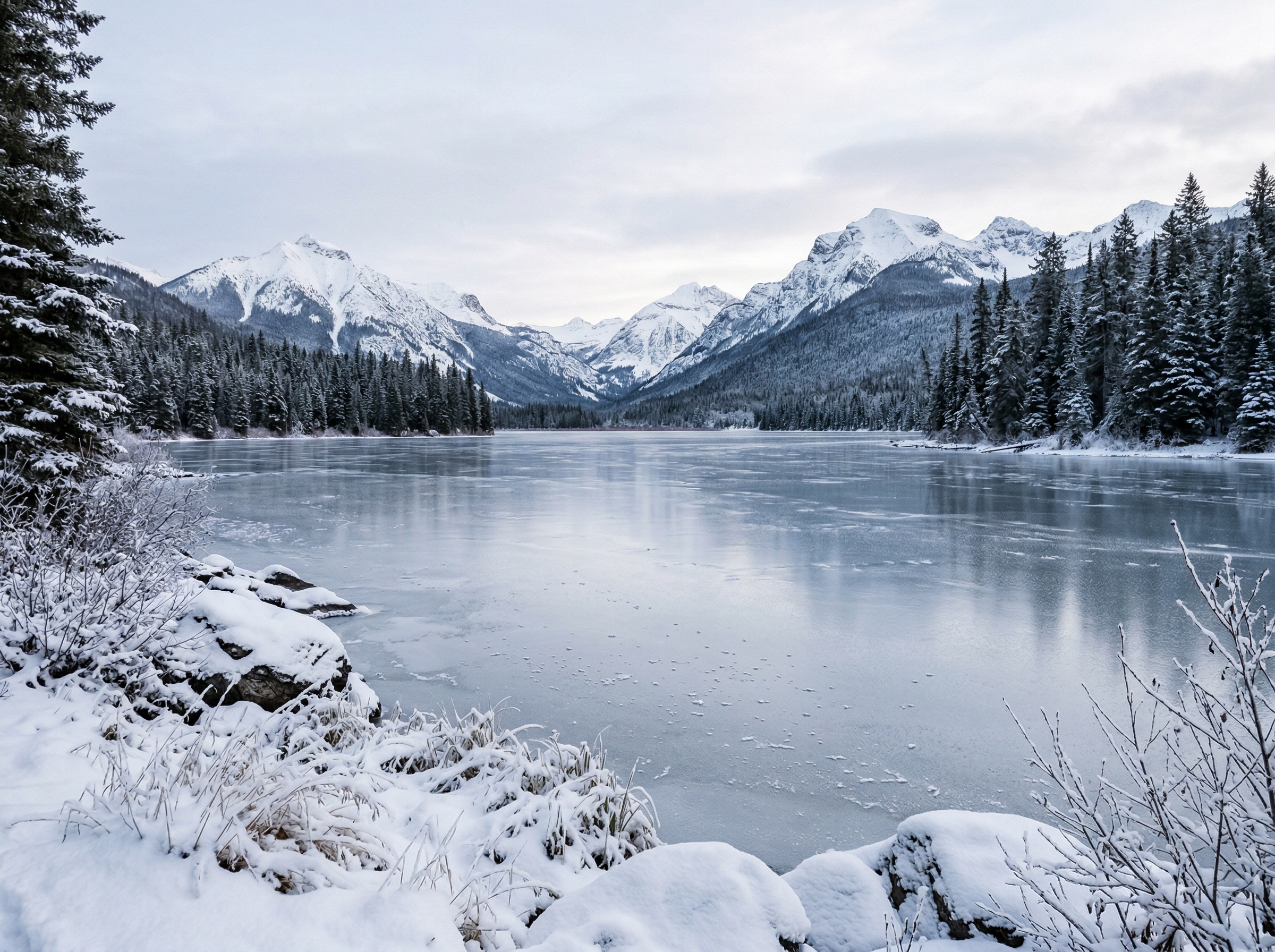Frozen lake in Montana surrounded by snow-covered mountains and evergreen trees in winter