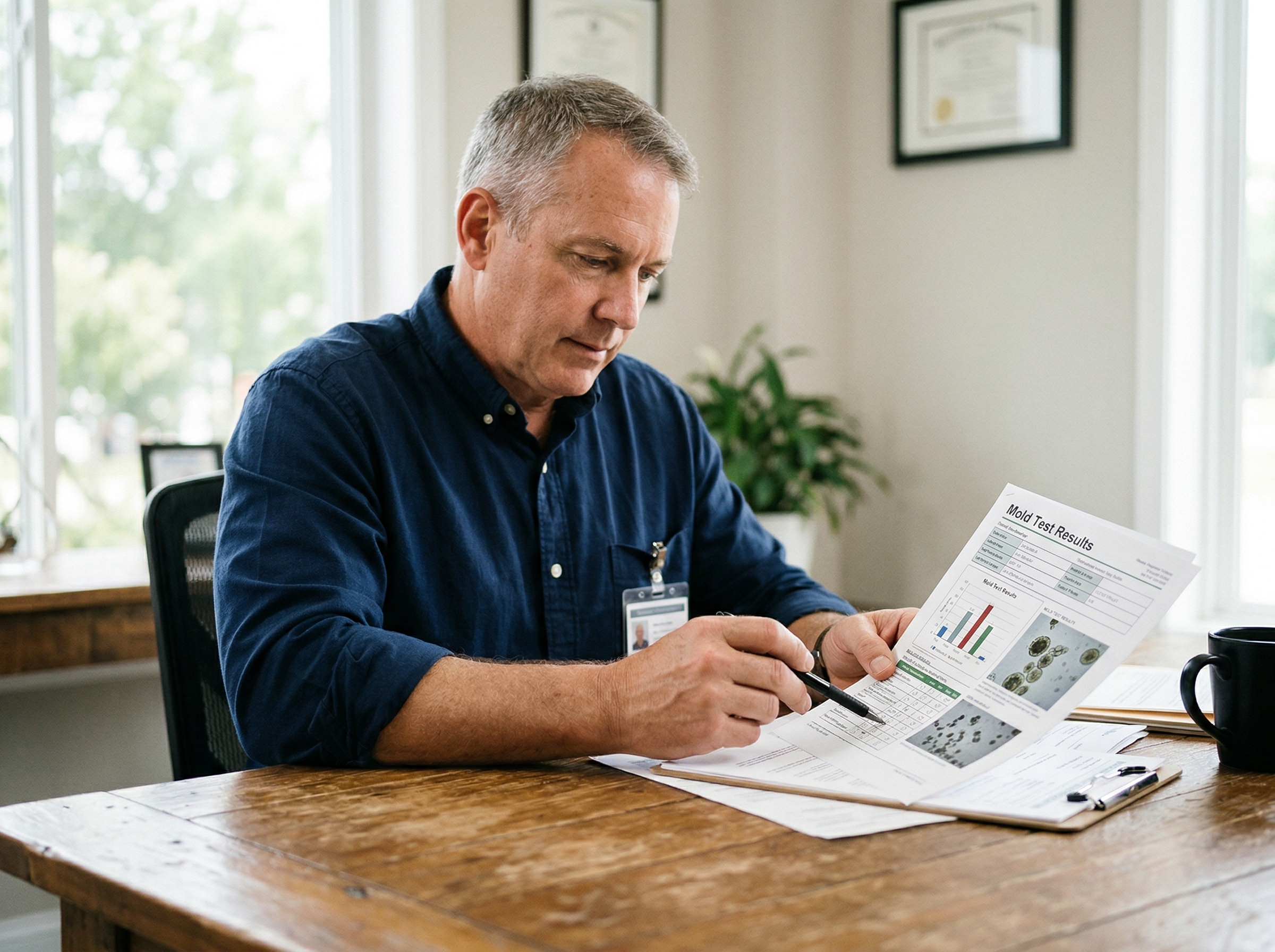 Inspector reviewing a mold test results report at a desk