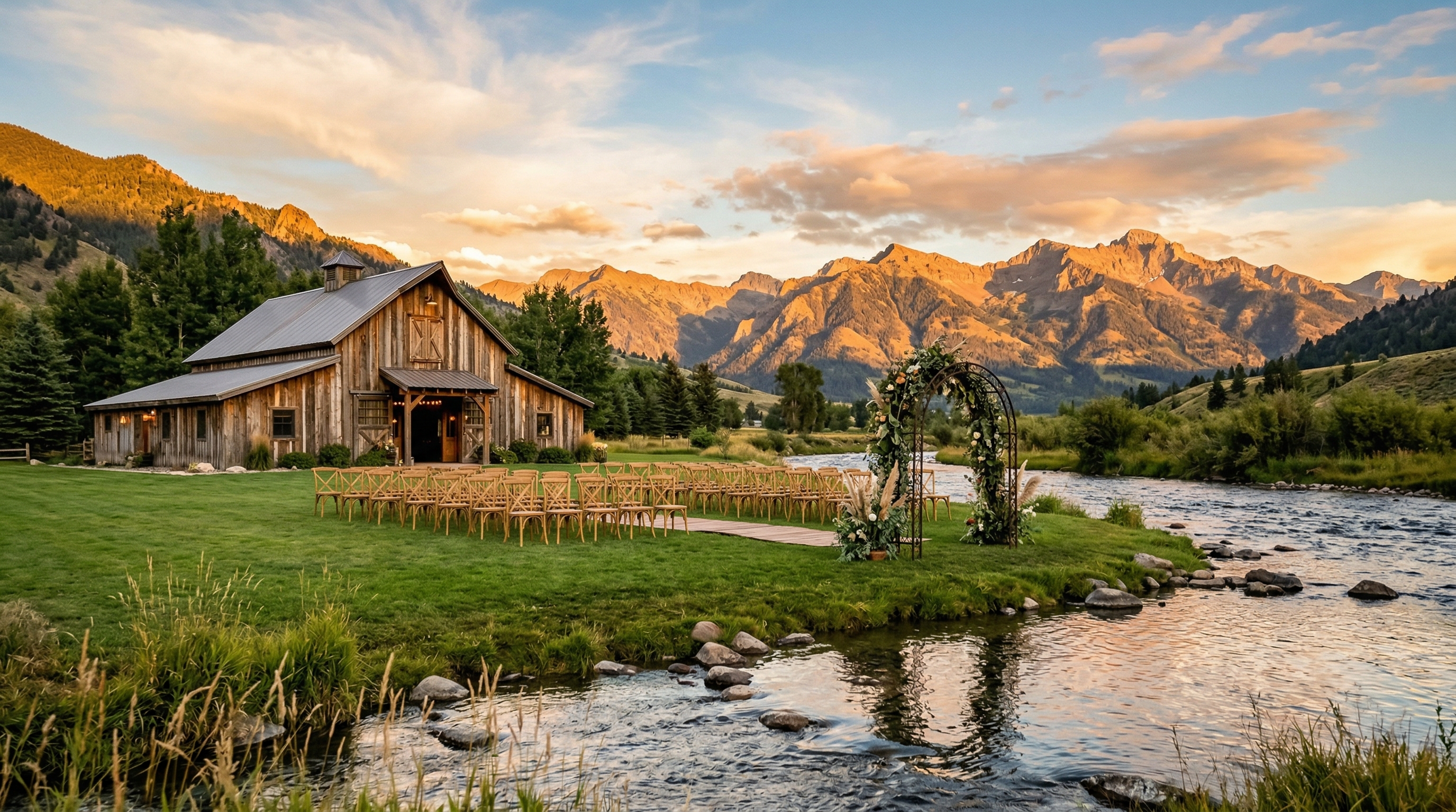 Gallatin River Hideaway barn wedding venue with ceremony chairs beside the river and mountain canyon backdrop at sunset
