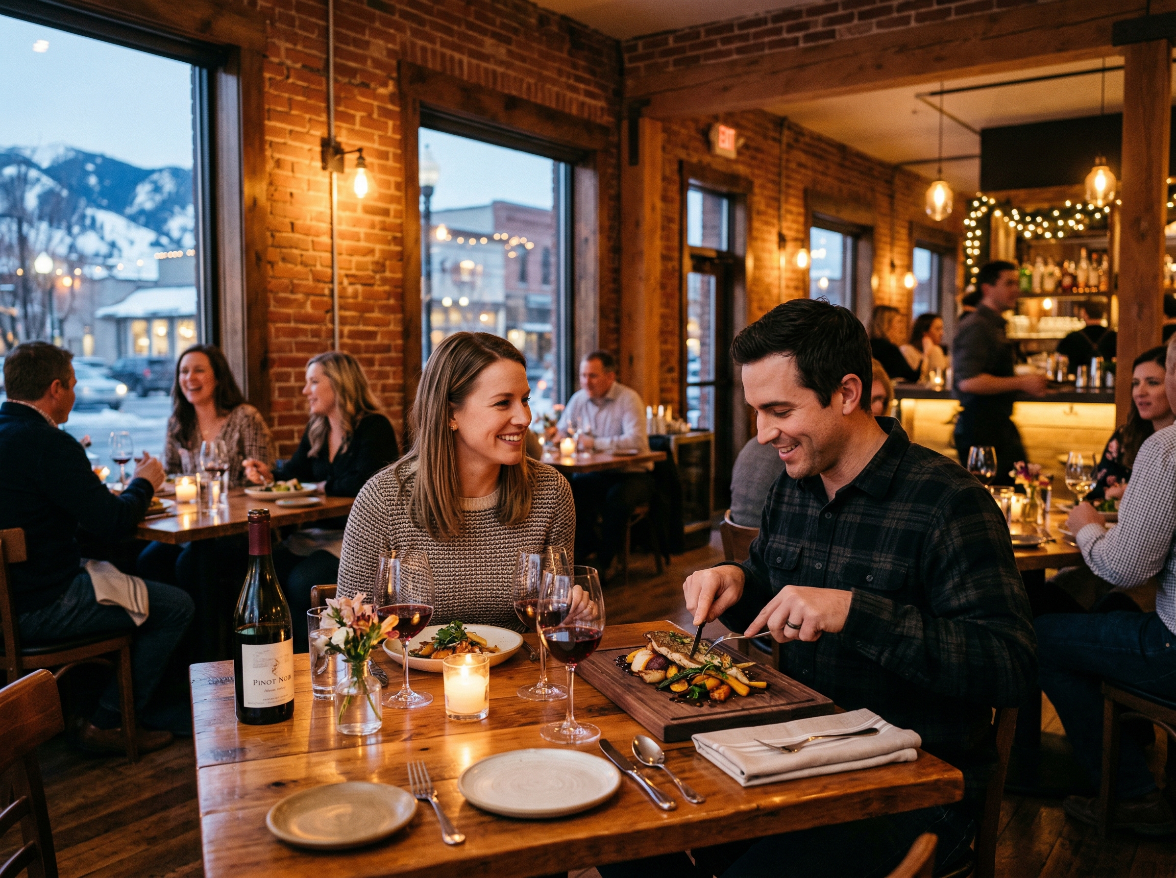 Couple dining at a cozy Bozeman restaurant with exposed brick walls and warm candlelit atmosphere