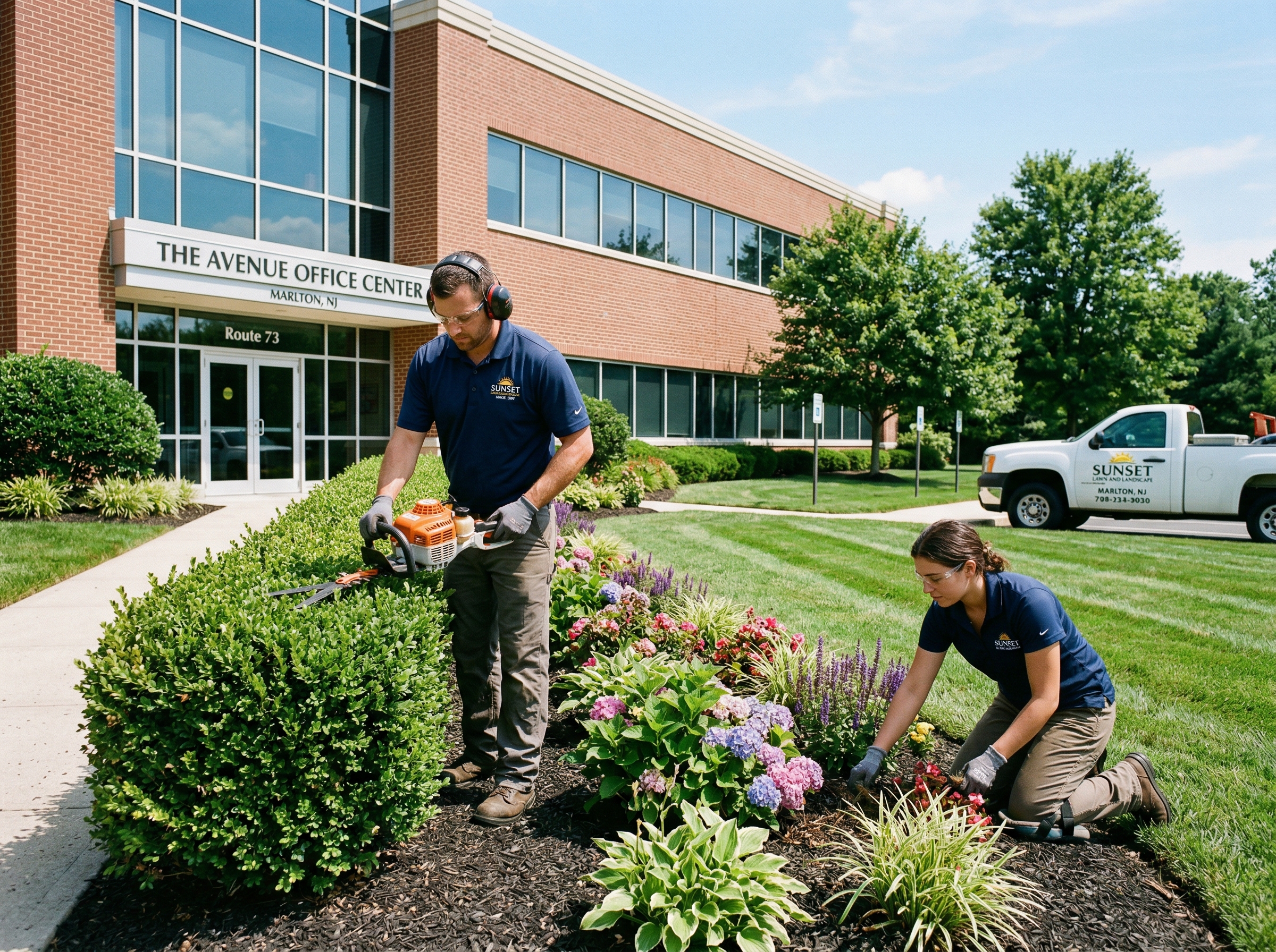 Sunset Lawn and Landscape crew maintaining commercial property grounds in Marlton NJ