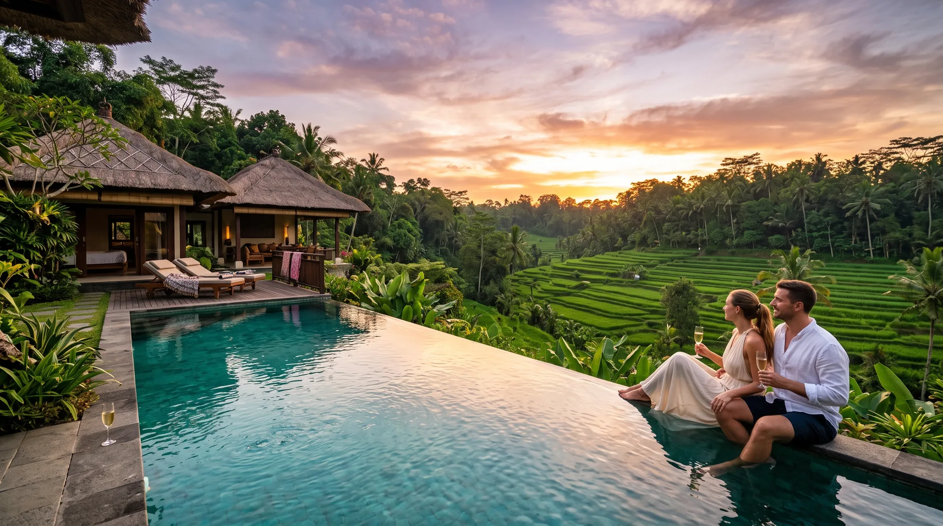 Bali luxury villa infinity pool overlooking rice terraces