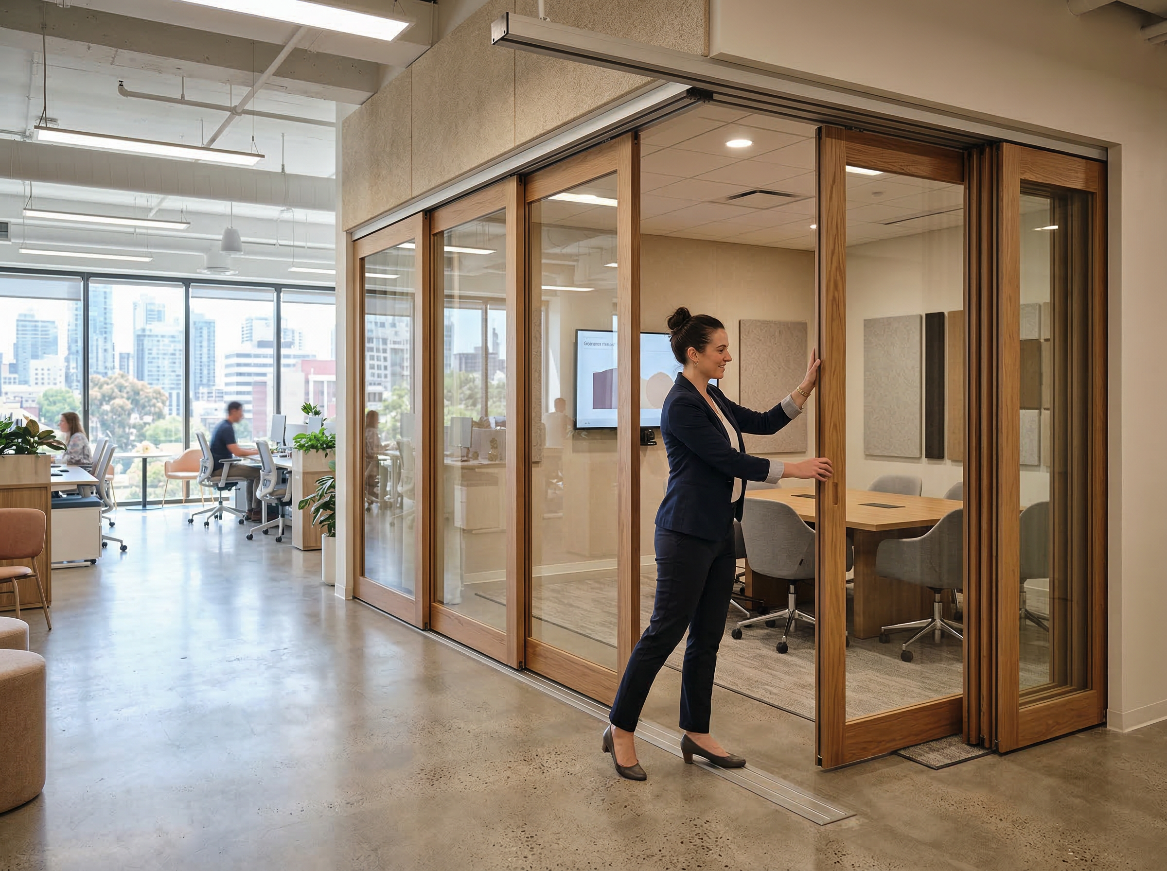 Professional operating MG400 sliding wall panel to create private meeting room