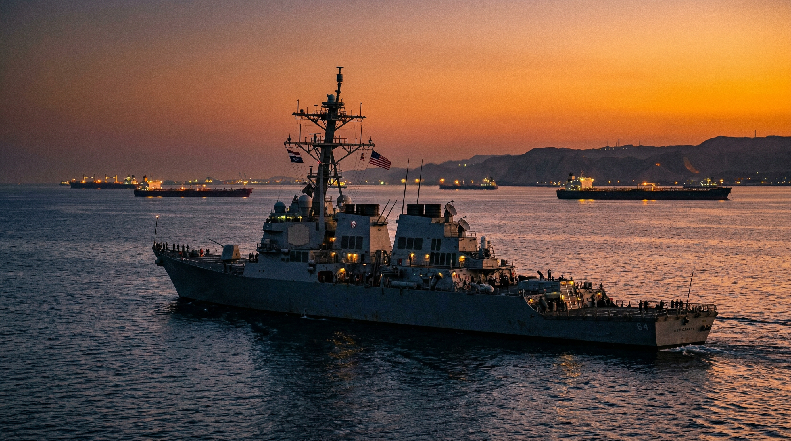 US warship in the Persian Gulf at dusk