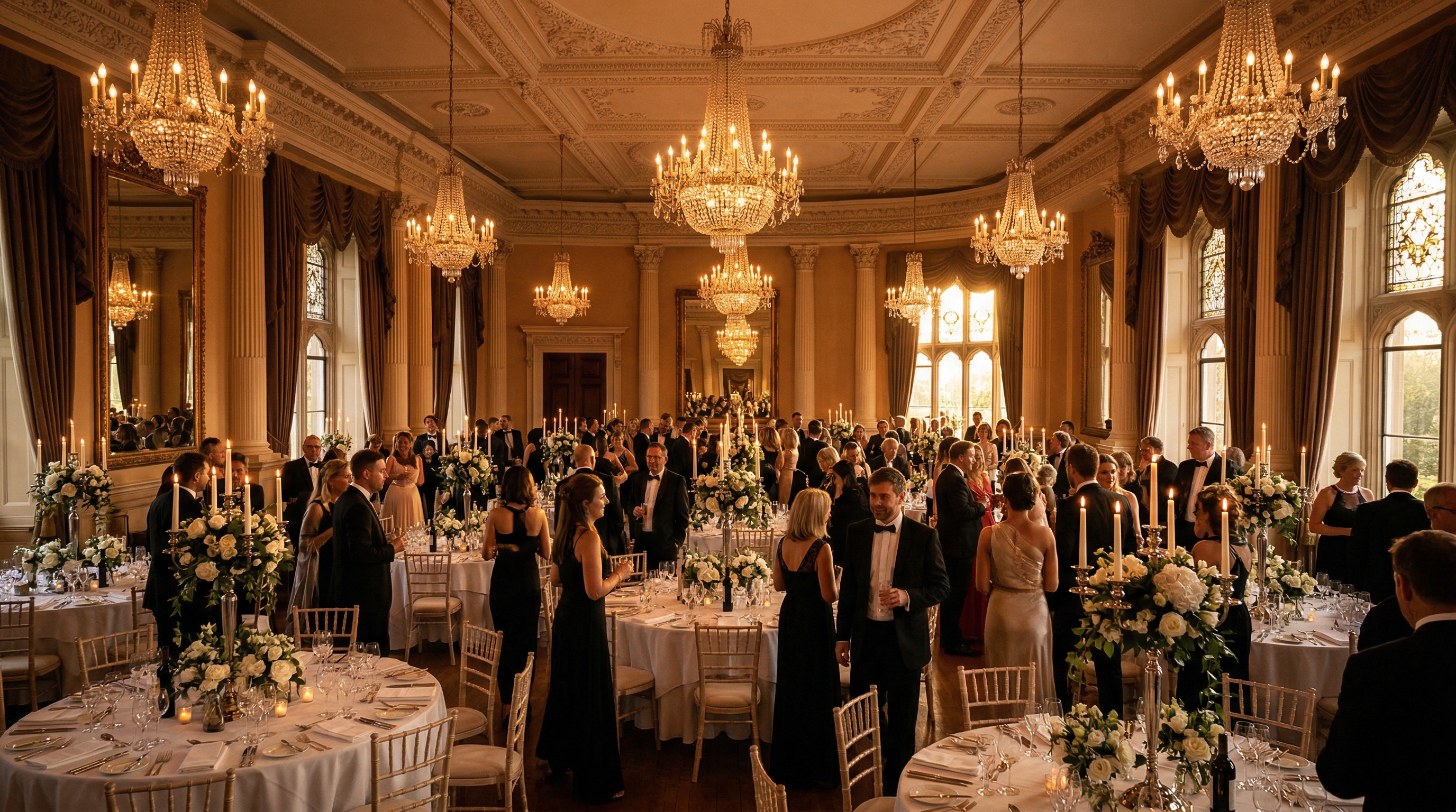 Elegant black tie summer ball ballroom with guests in formal attire