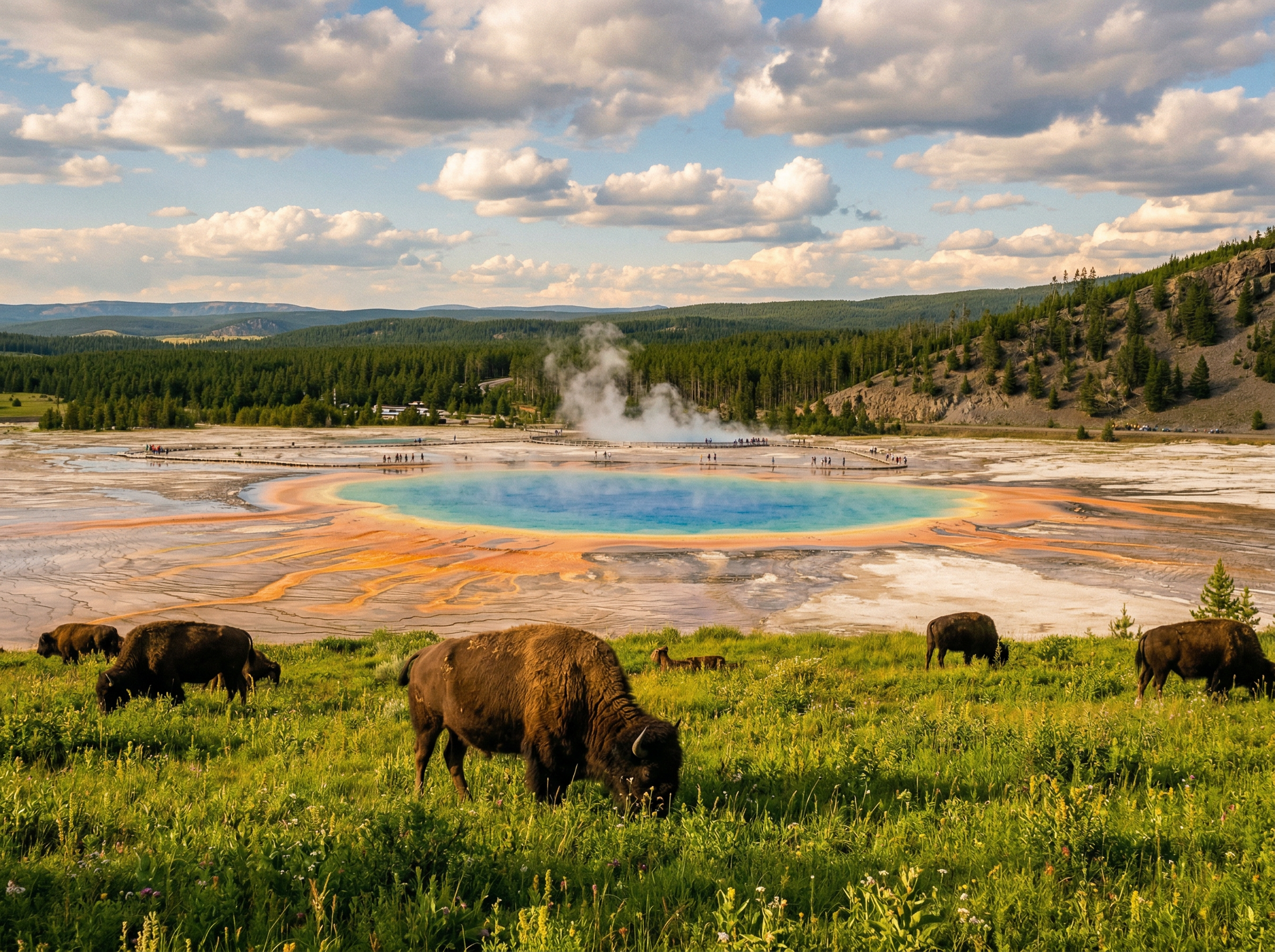 Yellowstone National Park Grand Prismatic Spring with bison grazing in summer