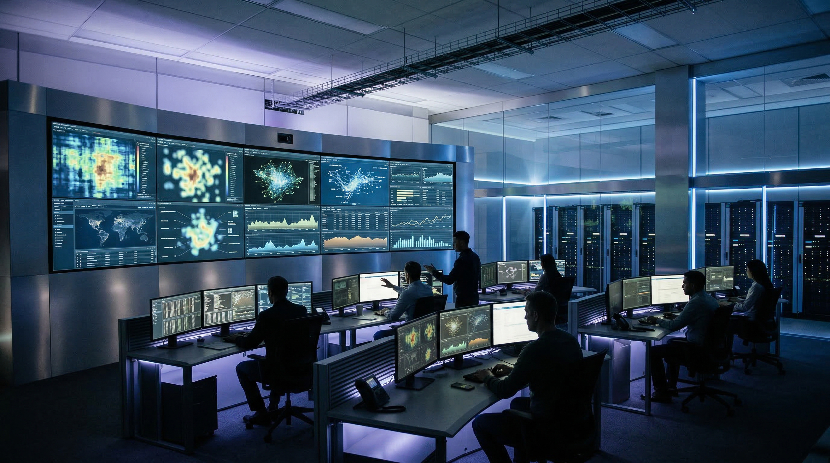 Network operations center with team monitoring multiple screens