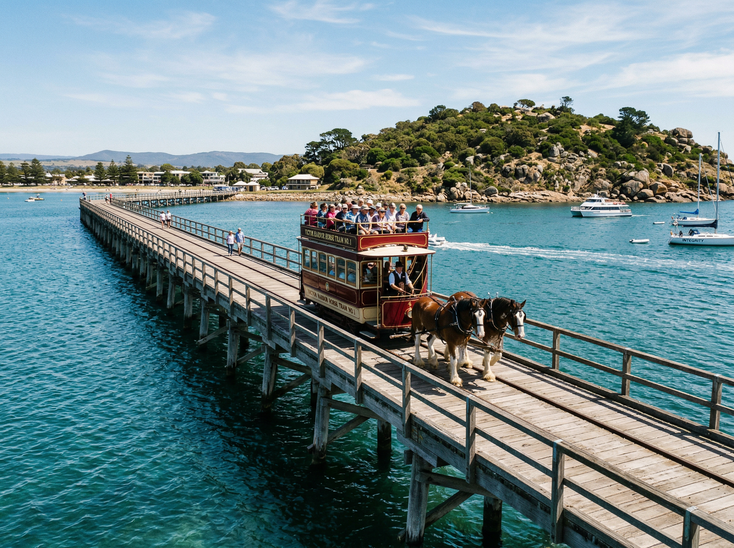 Horse-drawn tram crossing the causeway to Granite Island Victor Harbor South Australia