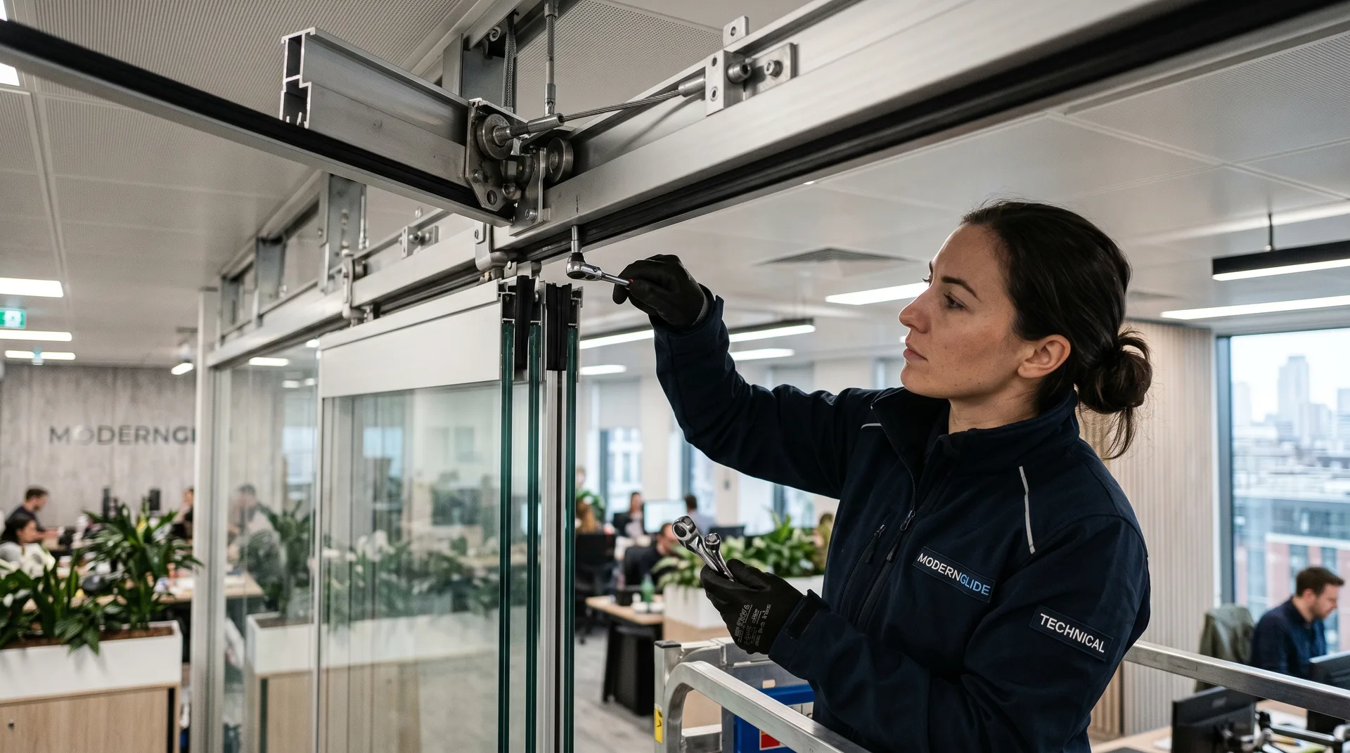 ModernGlide engineer inspecting movable wall track and seal components