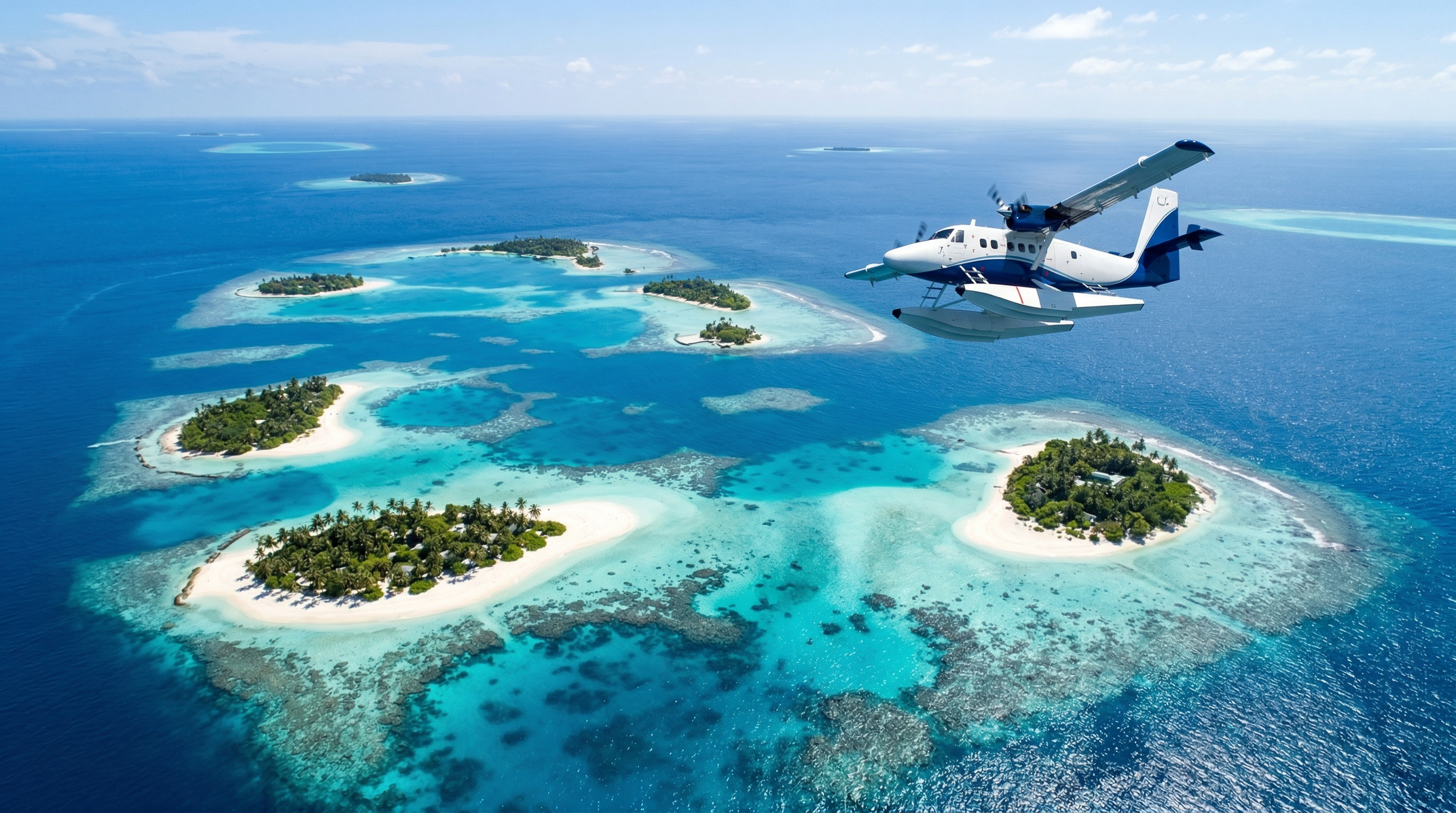Seaplane flying over Maldives atolls offering scenic 25-minute transfer to Outrigger Maafushivaru