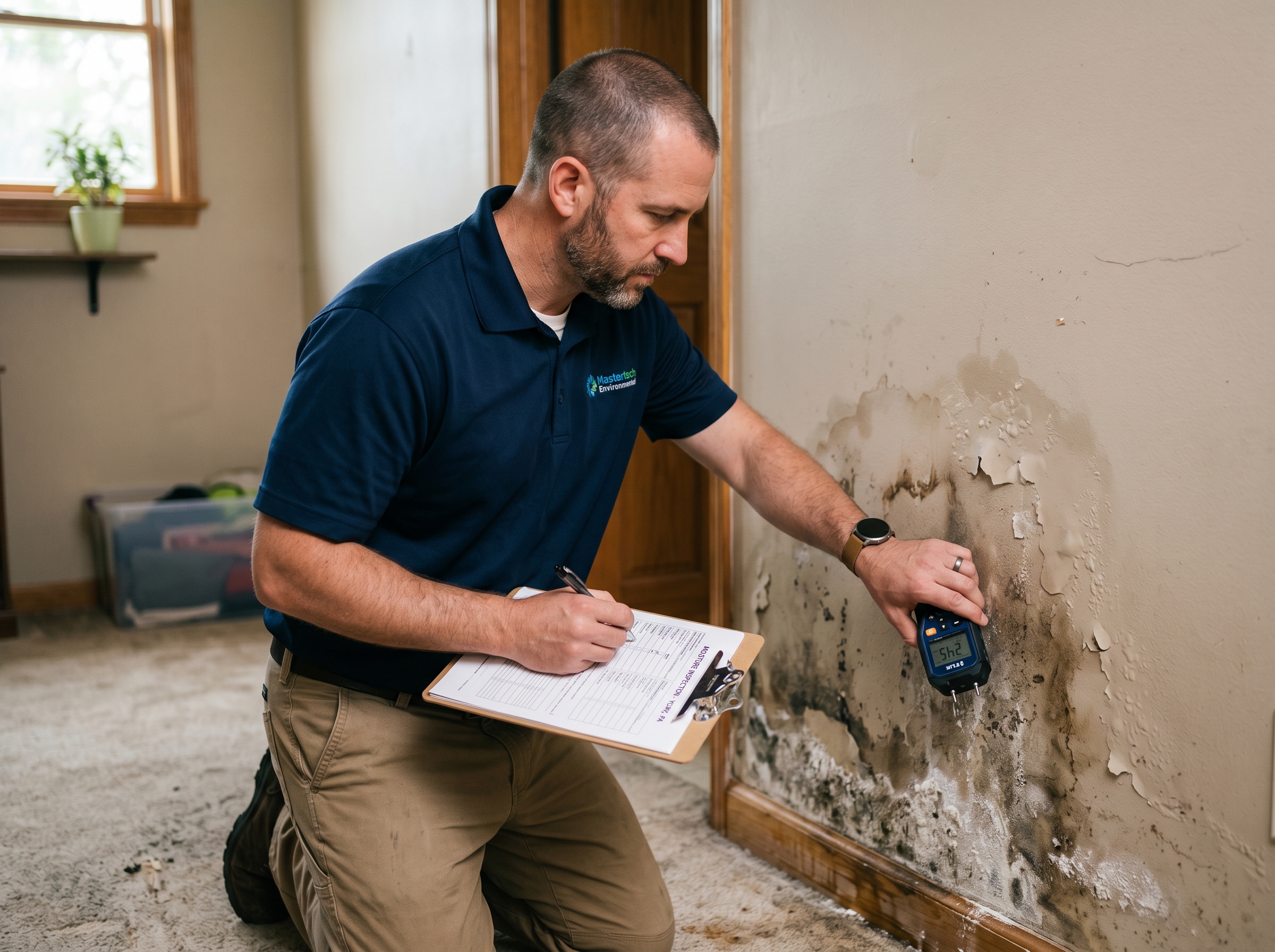 Inspector using moisture meter on a water-damaged wall showing visible mold and staining