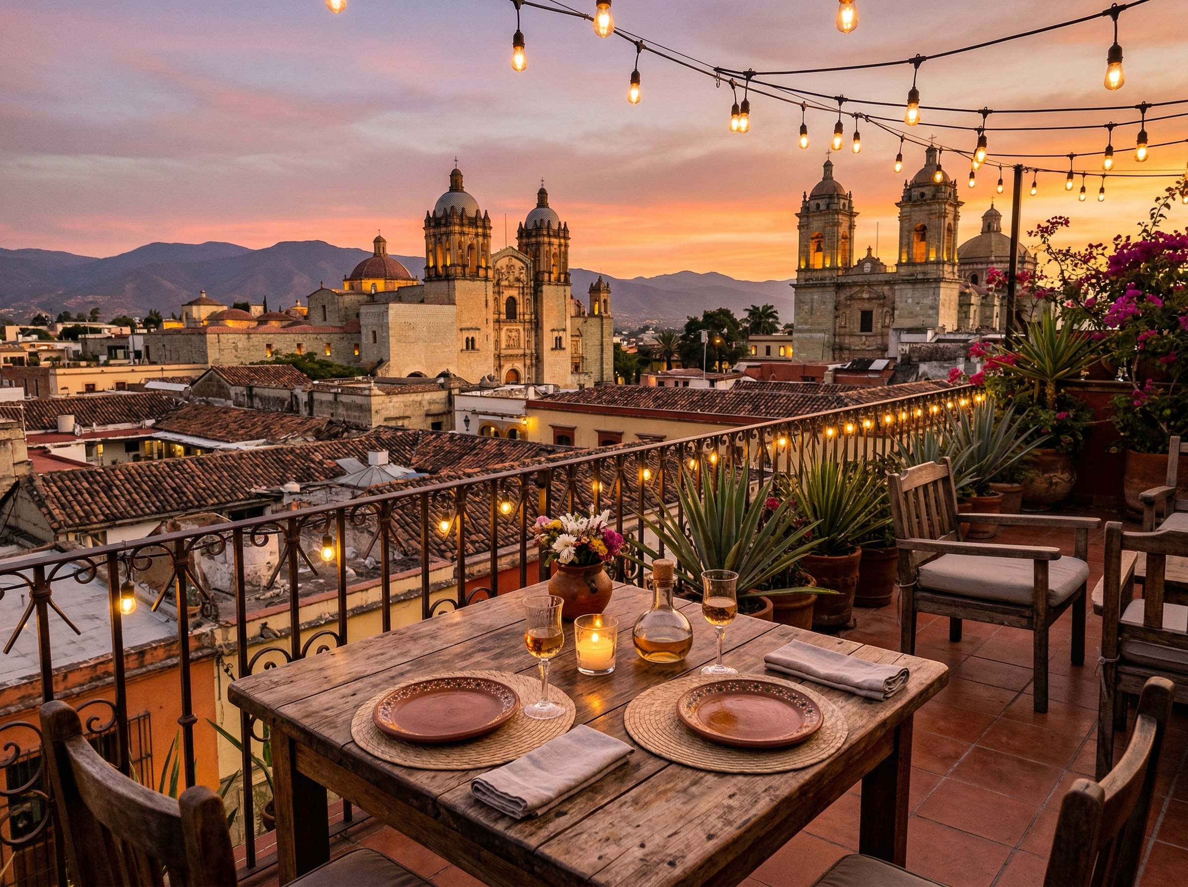 Rooftop restaurant terrace at sunset overlooking Oaxaca cathedral domes
