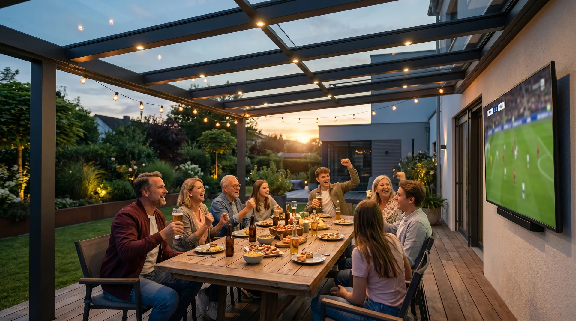 Familie geniesst Fussballabend unter modernem Terrassendach