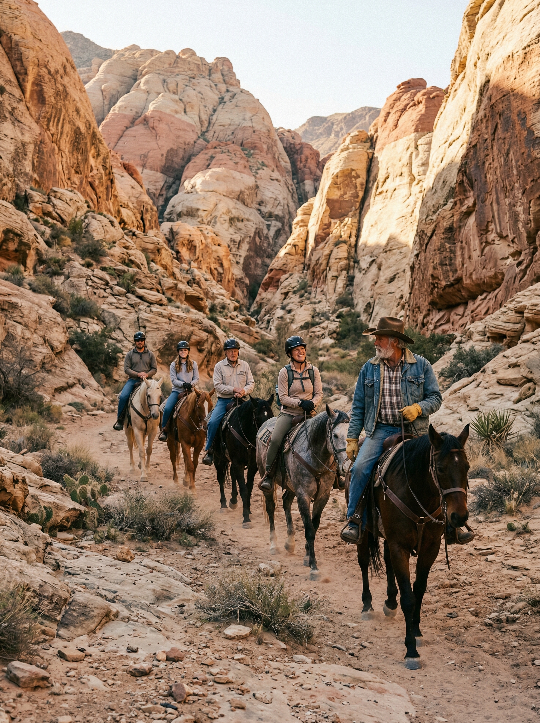 Friendly guide leading riders through scenic Nevada canyon on horseback