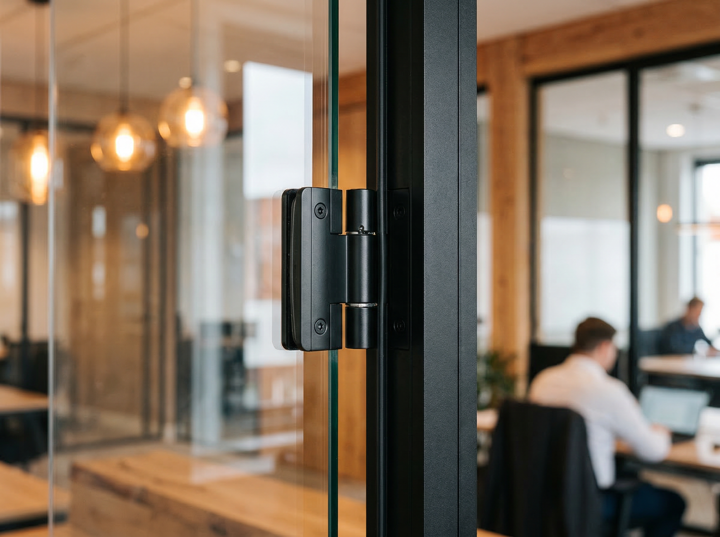 Close-up of MG900 black aluminium frame hinge mechanism with 35mm glazed panel