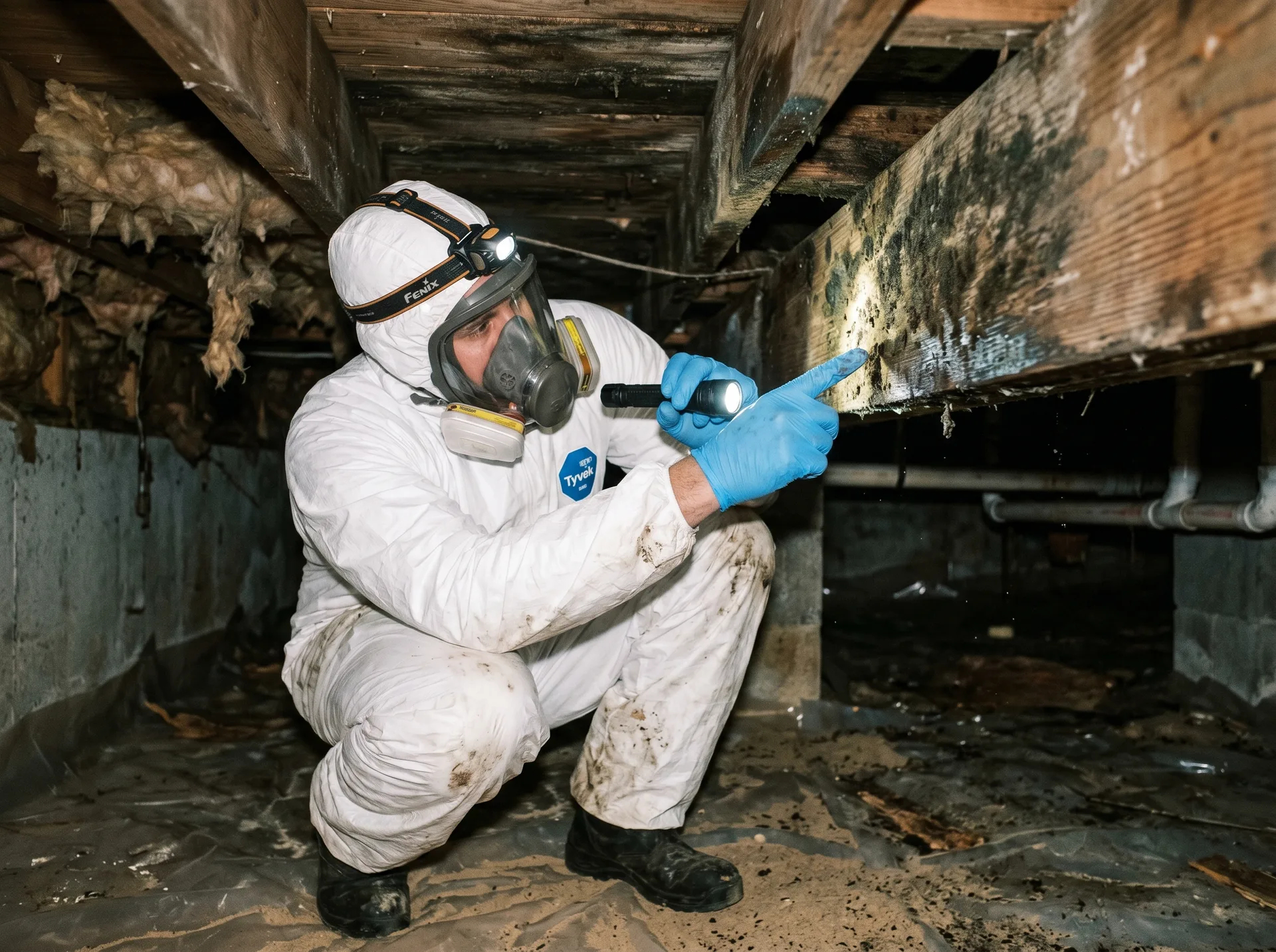 Mold remediation technician inspecting crawl space under Poquoson home