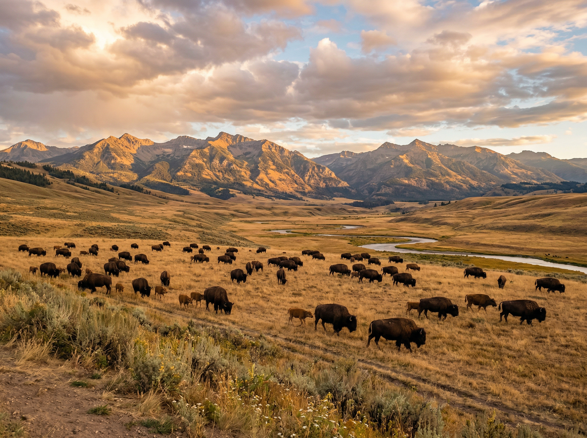 Large herd of American bison grazing in Lamar Valley Yellowstone with mountains in the background at golden hour