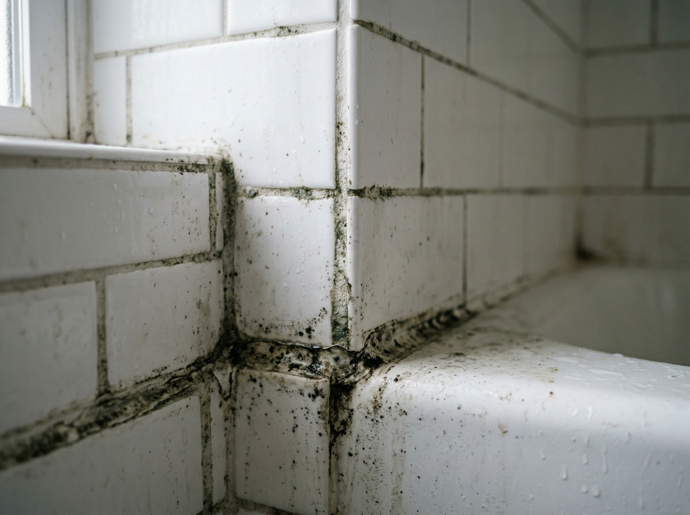 Close-up of bathroom shower corner showing gray-green discoloration on grout lines and caulk from moisture exposure