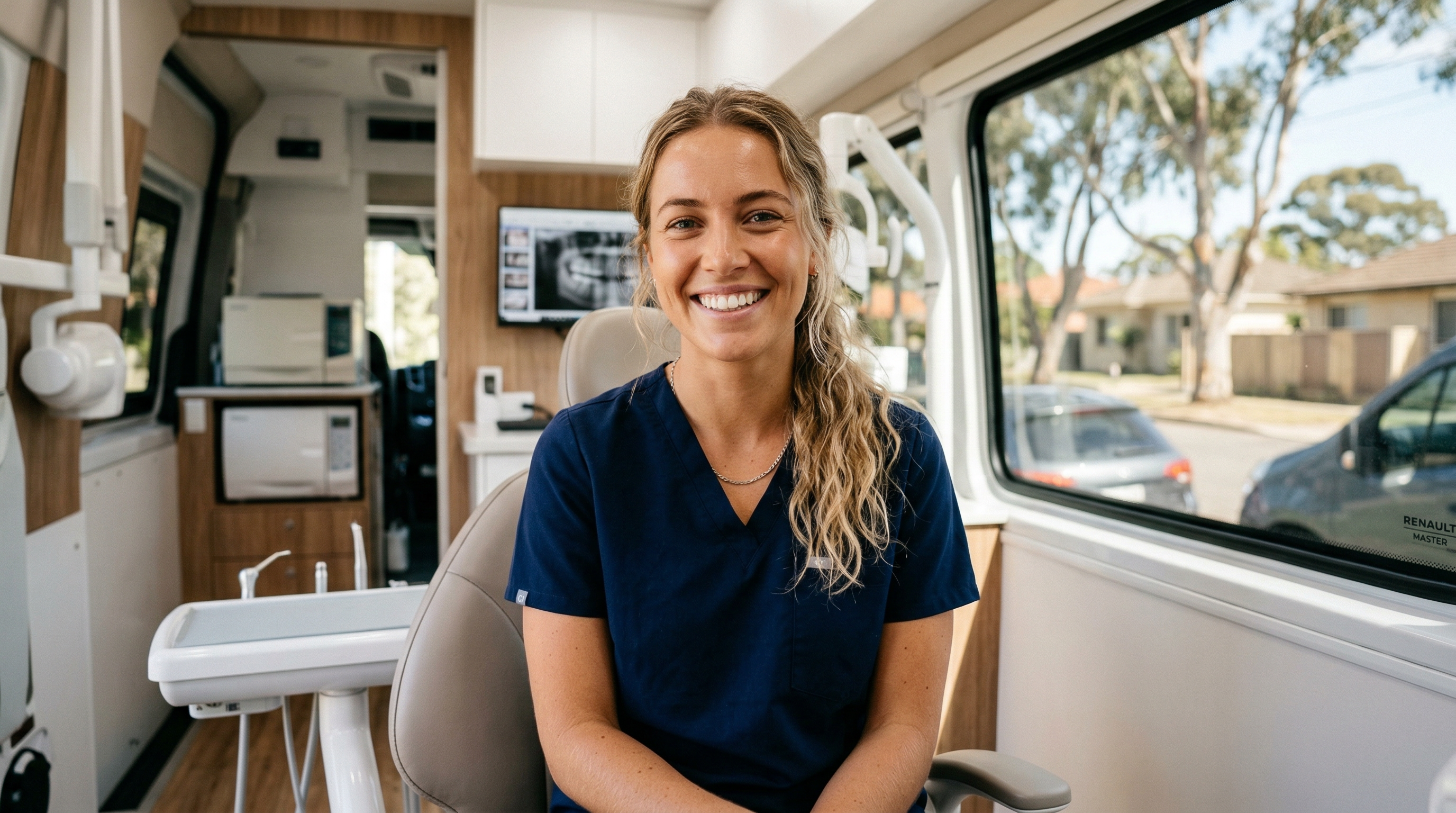 Dental professional smiling inside a mobile dental clinic