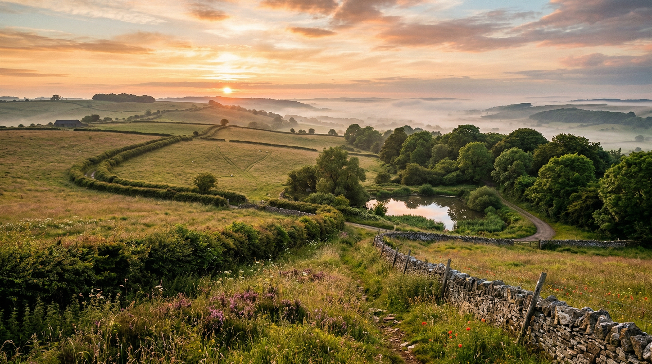 Cotswolds countryside at sunrise with rolling fields and hedgerows