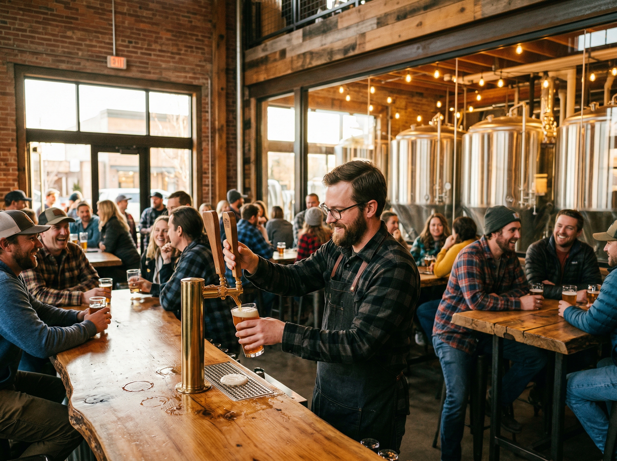 Bartender pouring craft beer in a lively Bozeman Montana taproom with brewing tanks visible