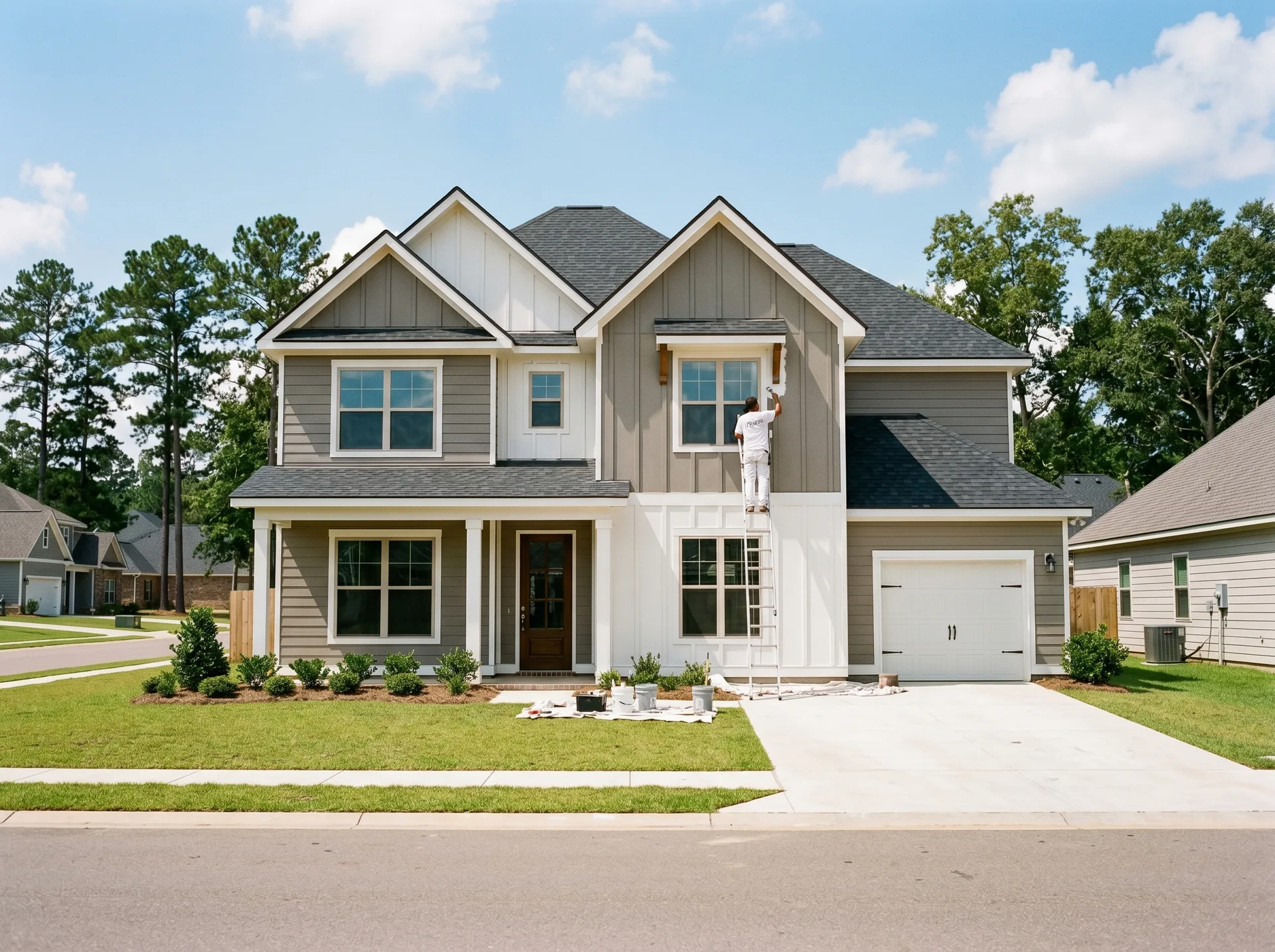 Painter on ladder applying fresh paint to new two-story construction home exterior with gray siding and white trim in a Louisiana neighborhood