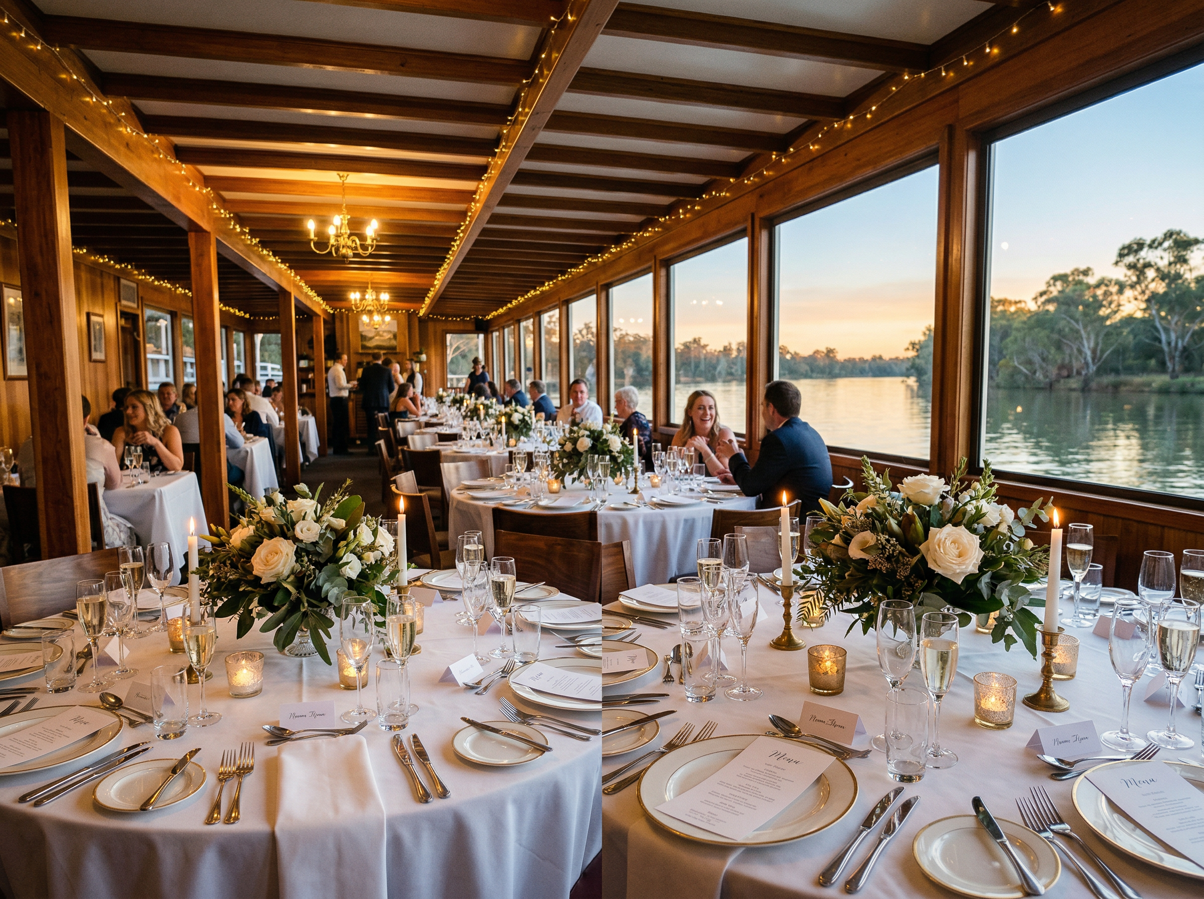 Elegant wedding reception dining room on Captain Proud paddle boat with river views at sunset
