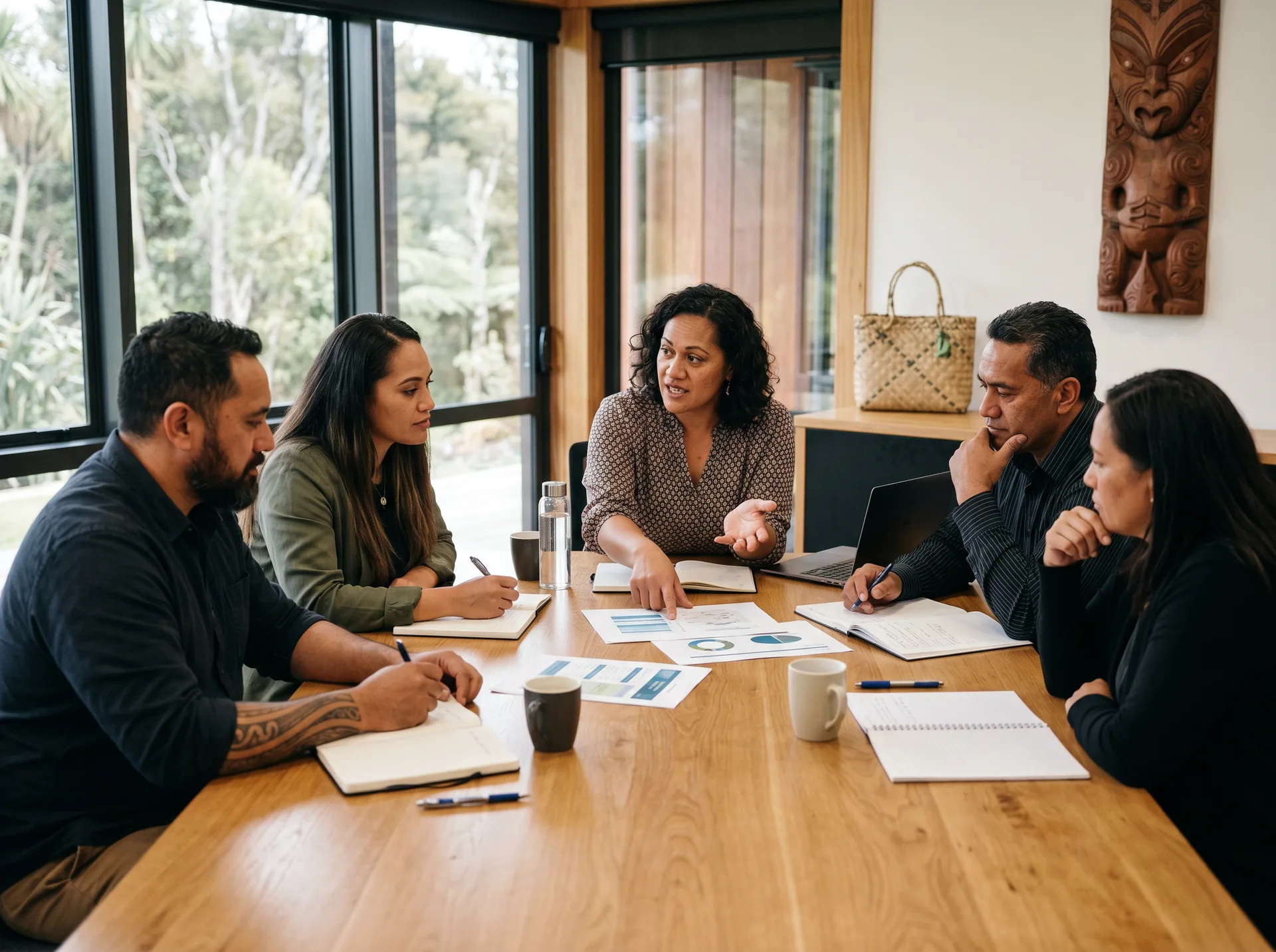 Maori adults sitting around a workplace table engaged in a home ownership education workshop