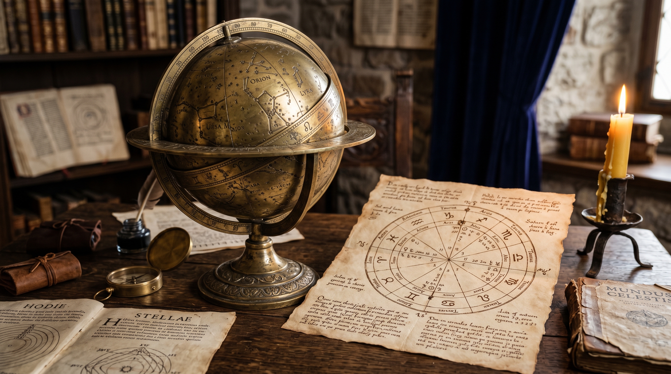 Ancient celestial globe and astrology charts on a medieval scholar's desk