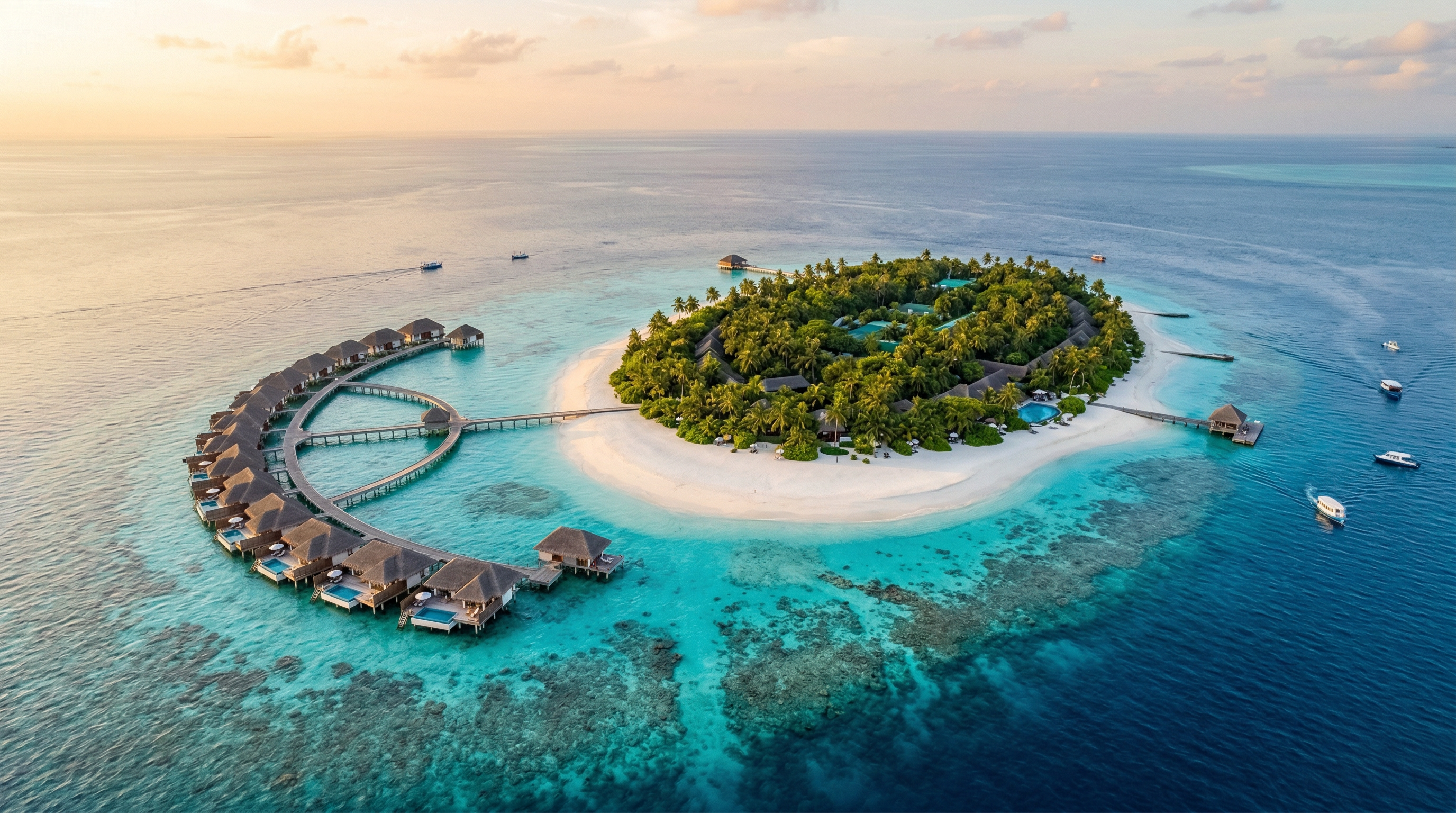 Aerial view of Outrigger Konotta Maldives resort island surrounded by turquoise lagoon