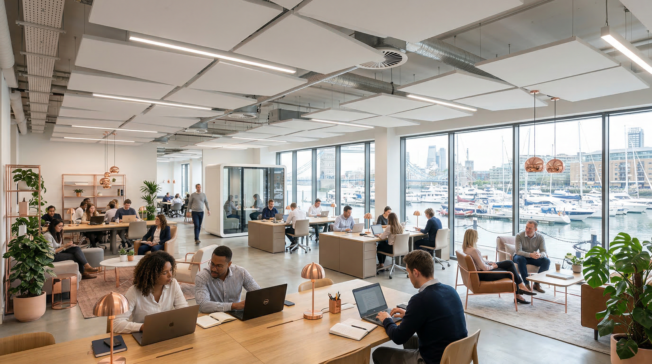Open plan office workspace at St Katharine Dock with acoustic ceiling treatment