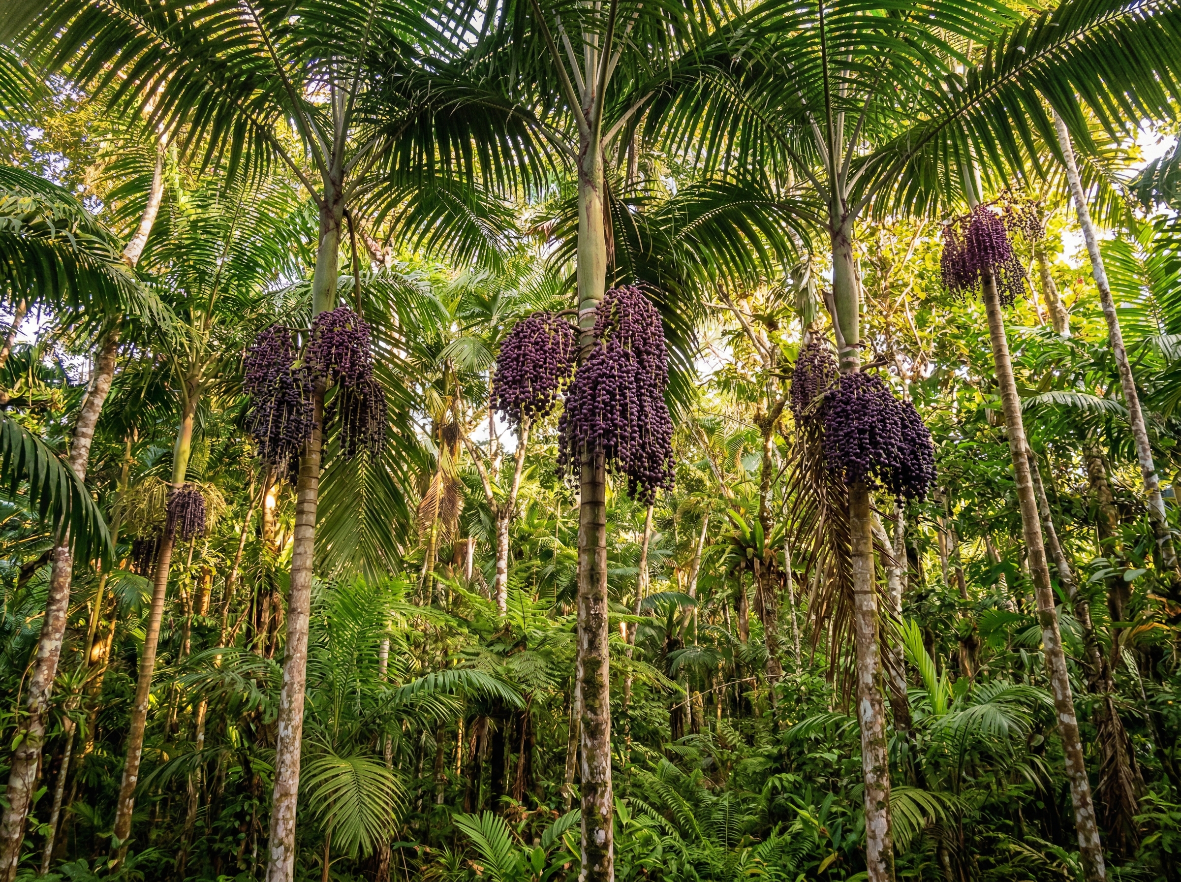 Acai palm trees laden with clusters of deep purple berries in the Amazon rainforest of Para, Brazil