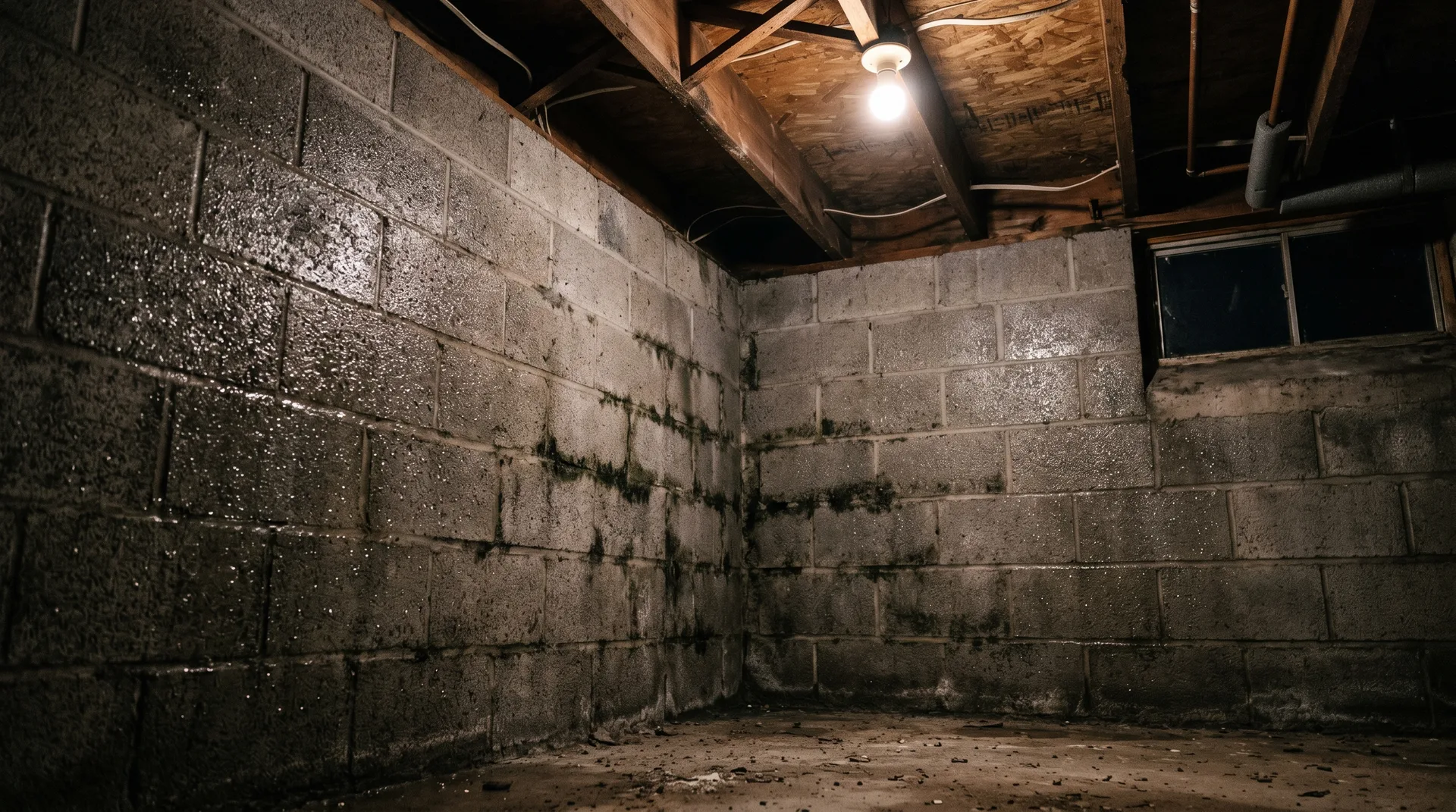 Basement concrete block wall with condensation and moisture beading on the surface - no visible leak, but moisture present from soil migration and humidity