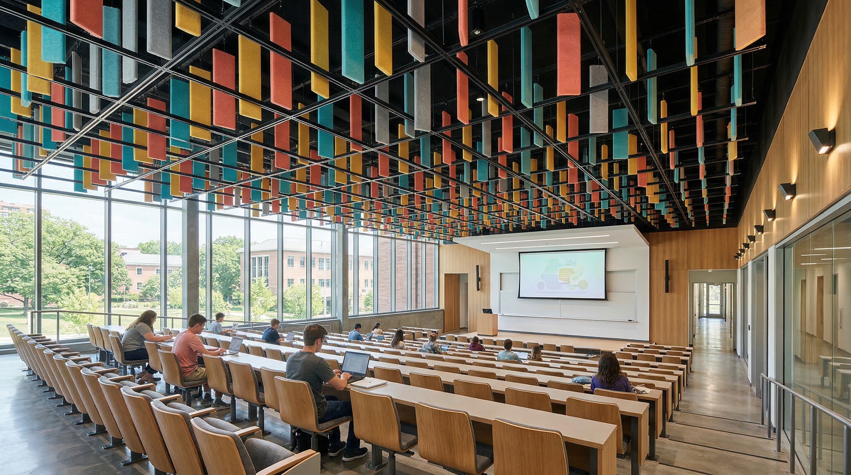 Colourful PanelHush acoustic baffles installed in a university lecture hall ceiling