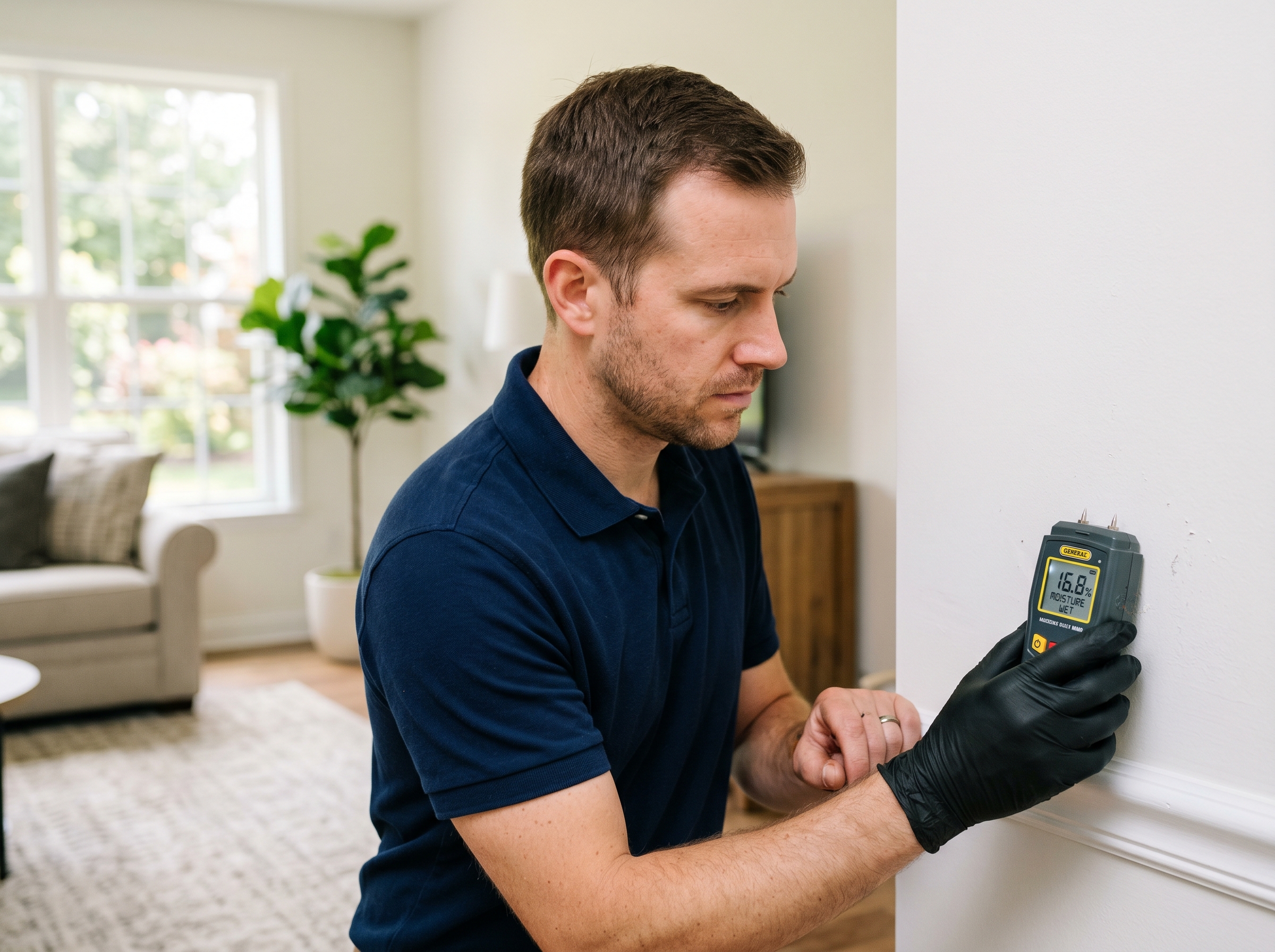 Certified mold inspector using moisture meter inside a rental property