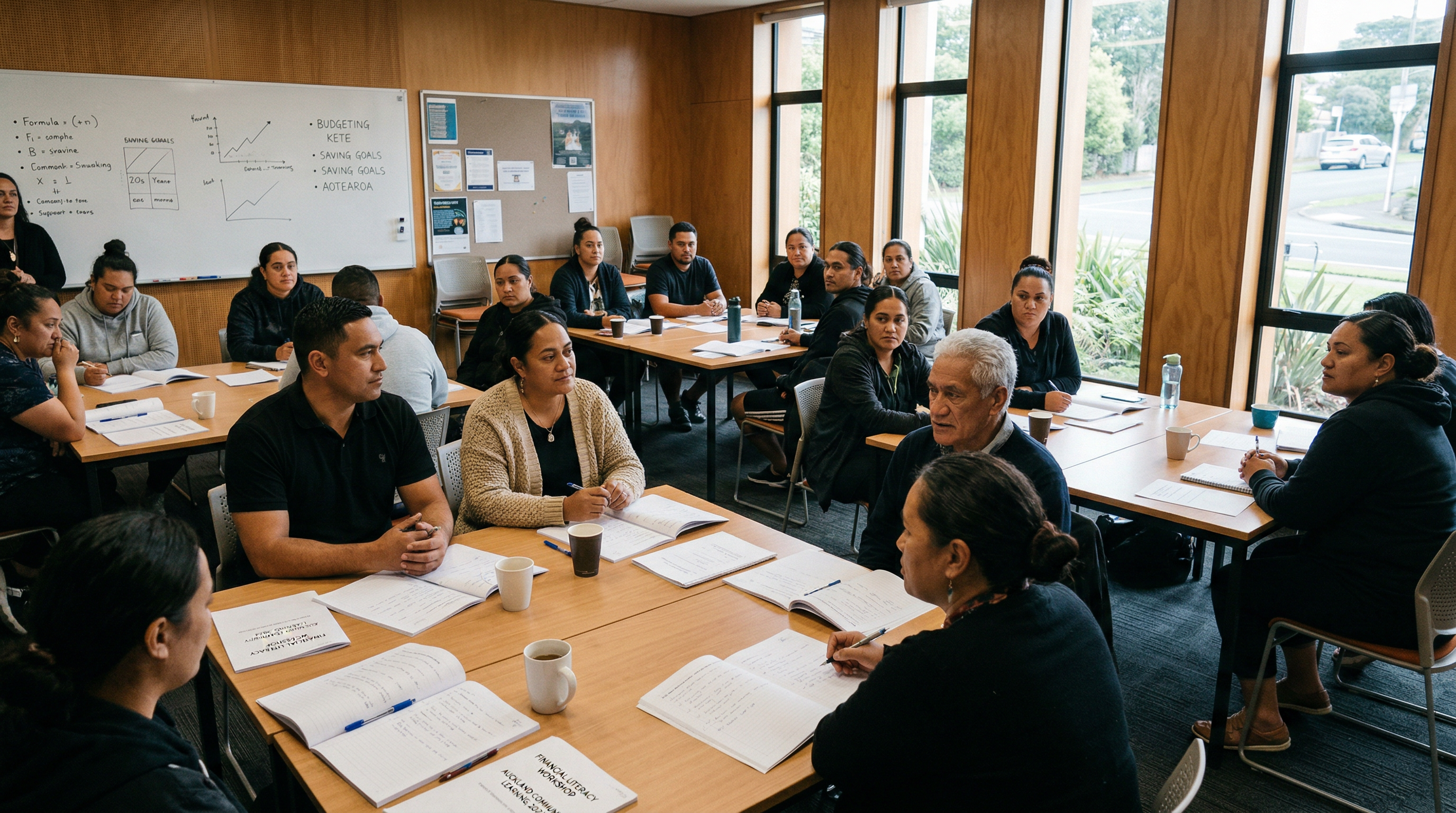 Maori and Polynesian adults seated at tables in a financial literacy workshop in New Zealand