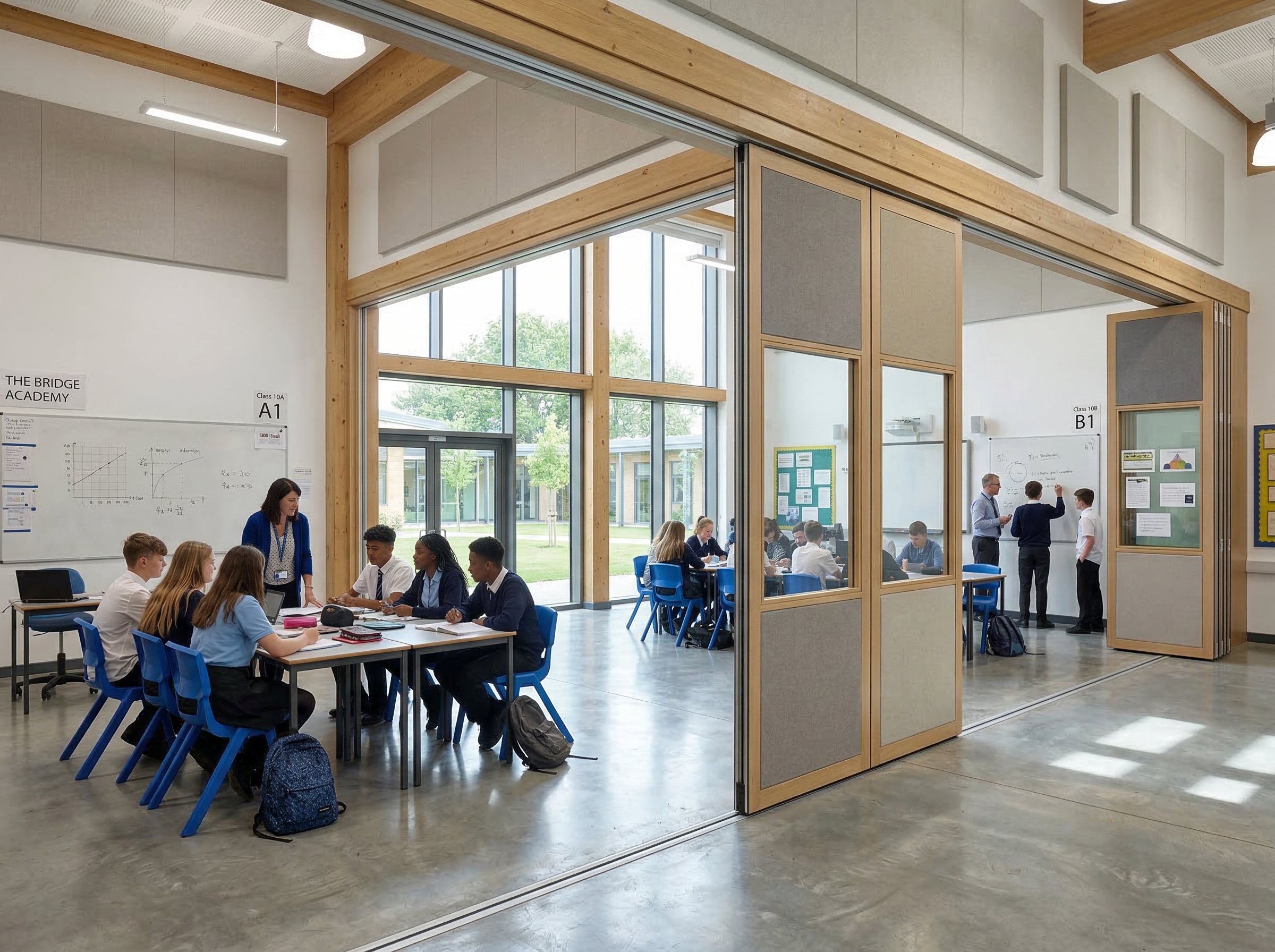 Movable partition wall dividing a school hall into two classrooms