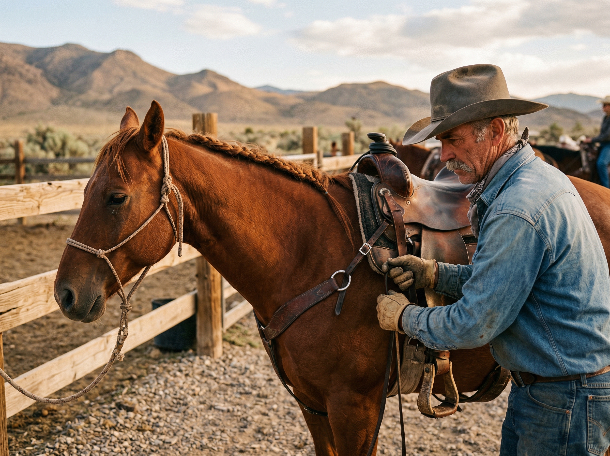 Cowboy guide saddling a calm chestnut horse at a desert ranch before the trail ride