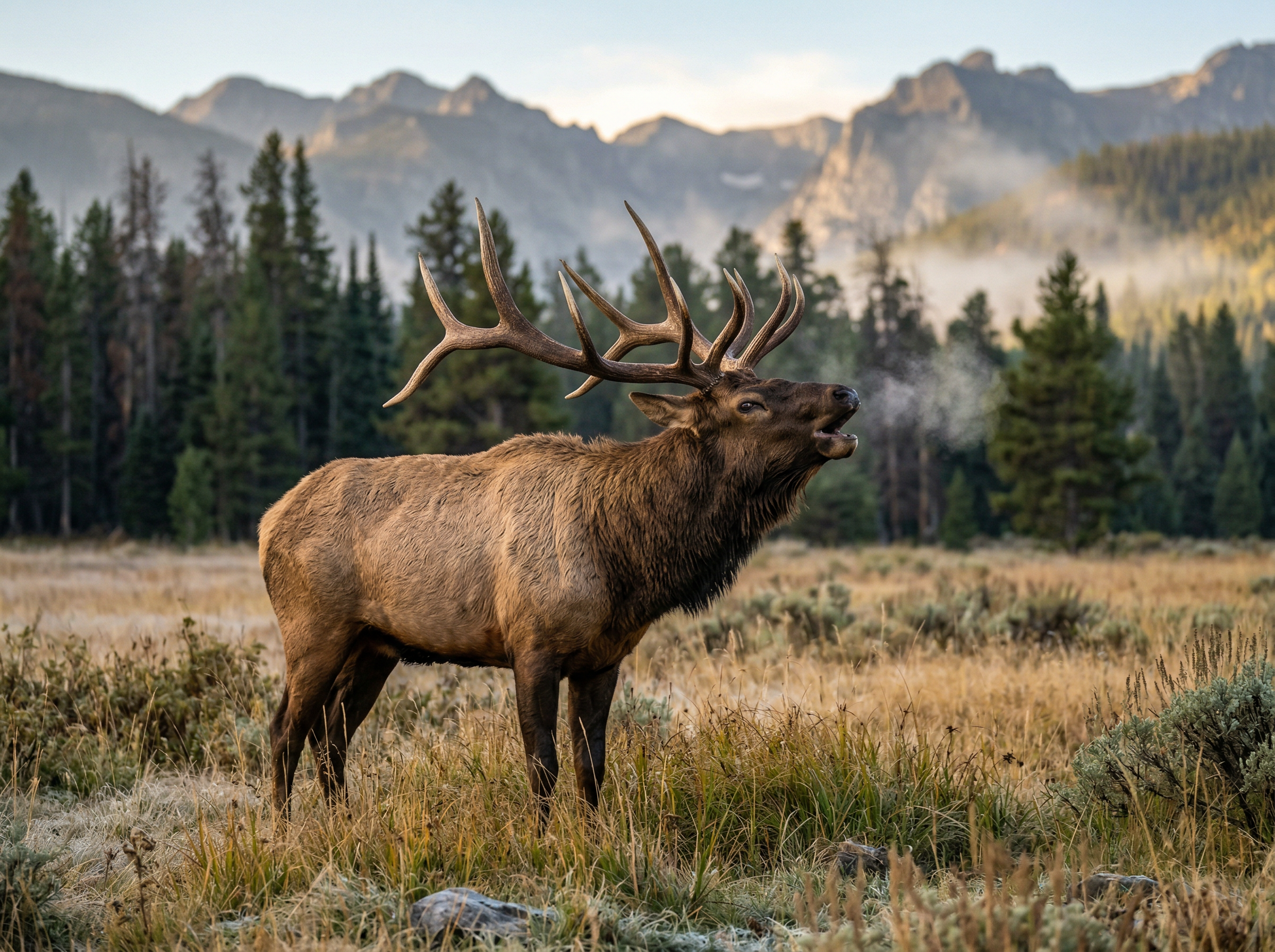 Bull elk bugling in a misty meadow with Rocky Mountain peaks behind