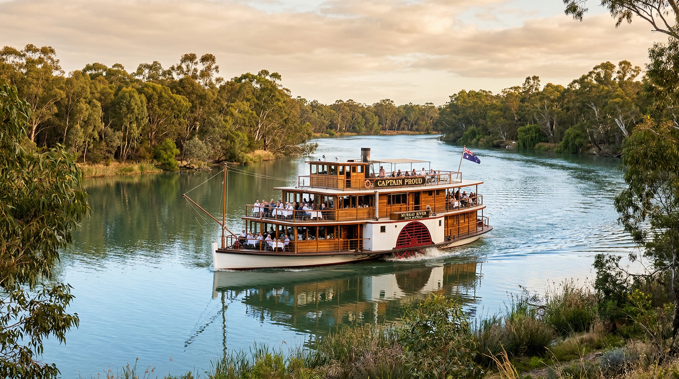Captain Proud paddle boat cruising the Murray River at golden hour