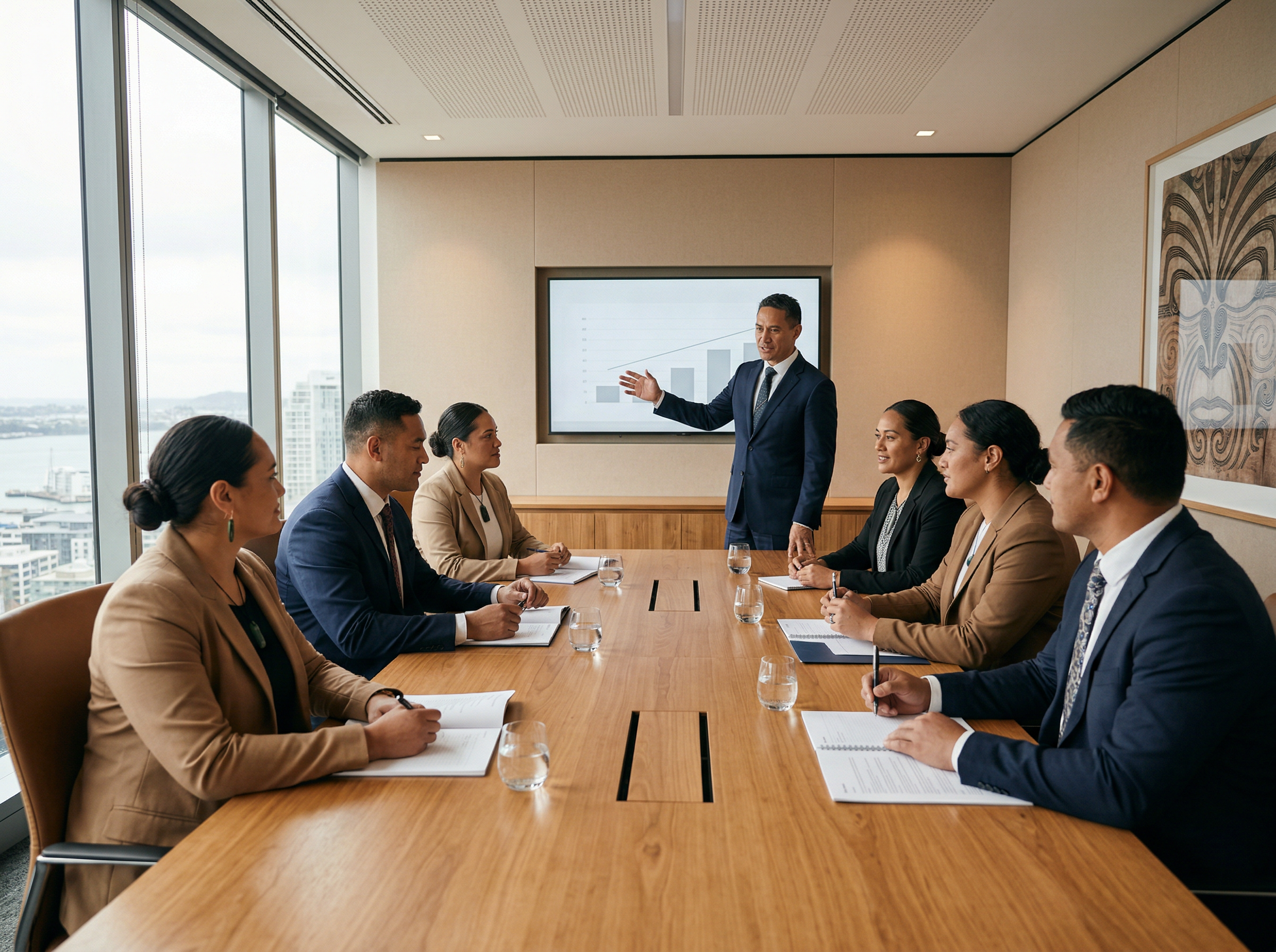Maori ahuwhenua trust board members in business attire seated around a boardroom table during a governance training session