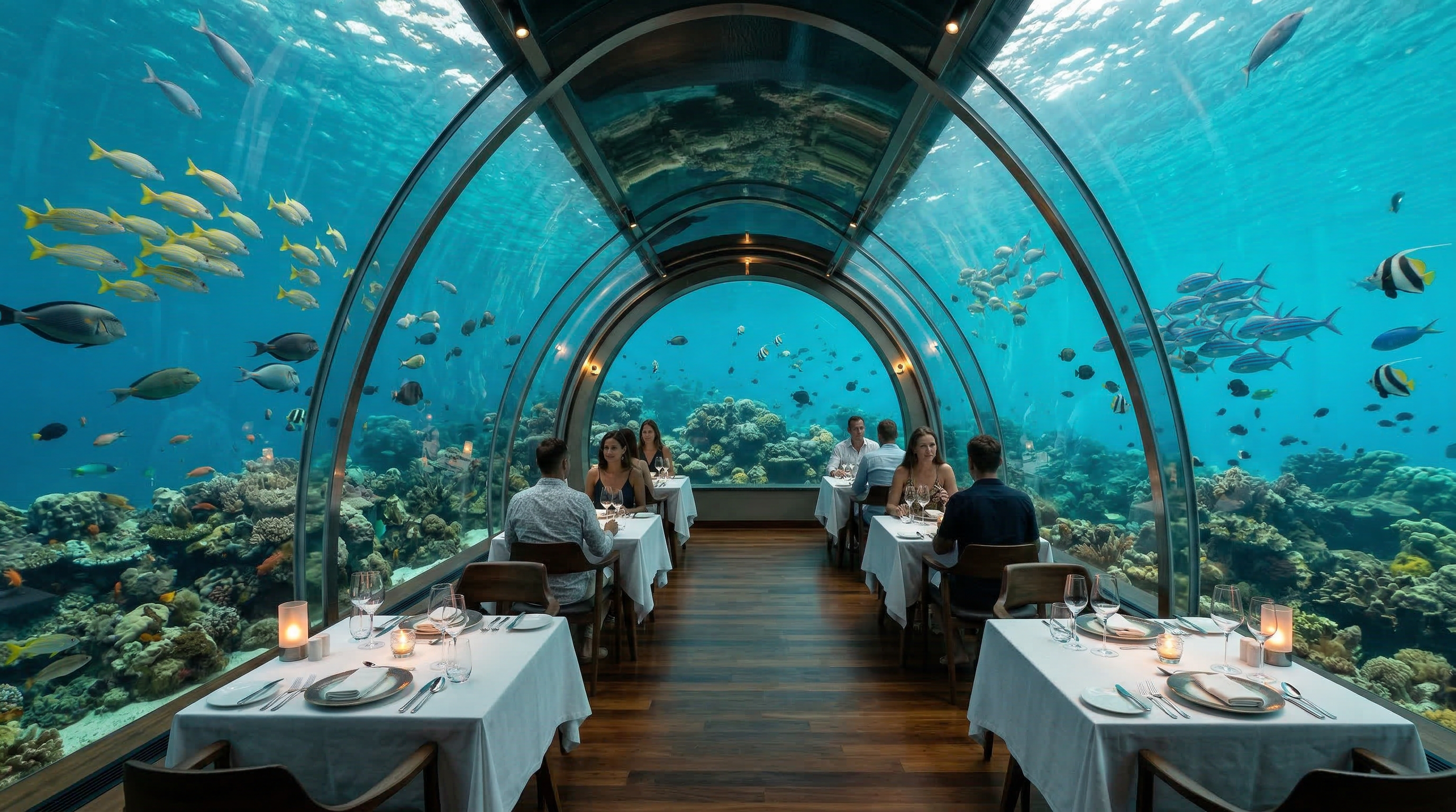 The 5.8 Undersea Restaurant at Hurawalhi with panoramic glass walls and tropical fish